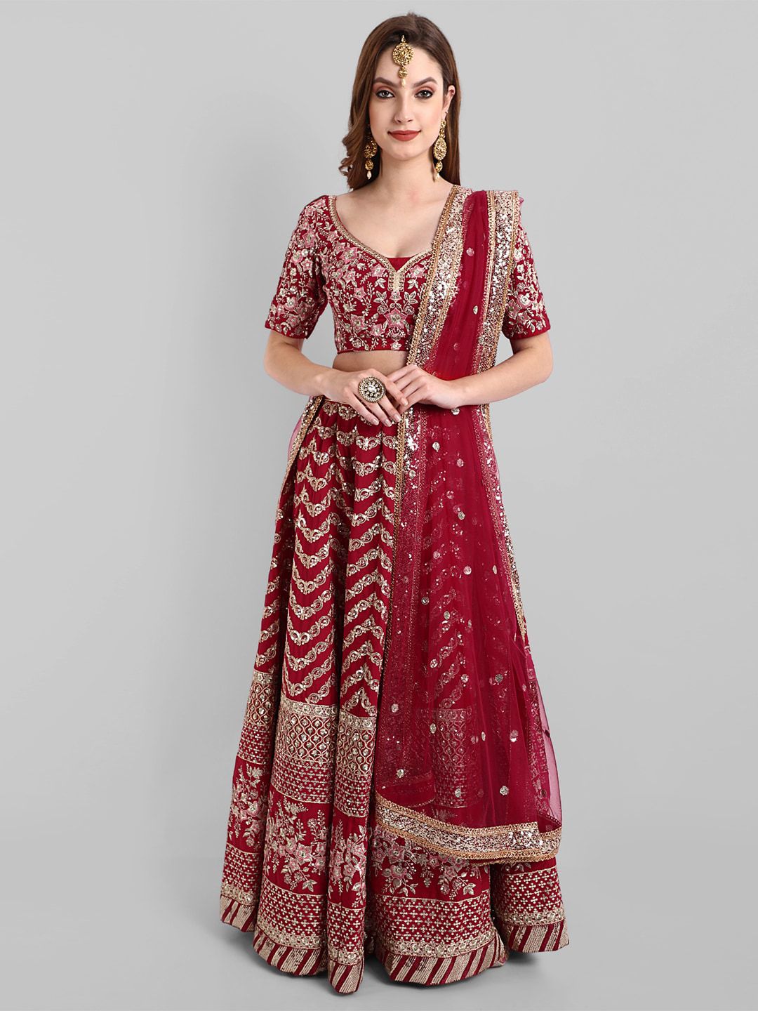 TIKODI Red & Gold-Toned Embroidered Sequinned Semi-Stitched Lehenga & Unstitched Blouse With Dupatta Price in India