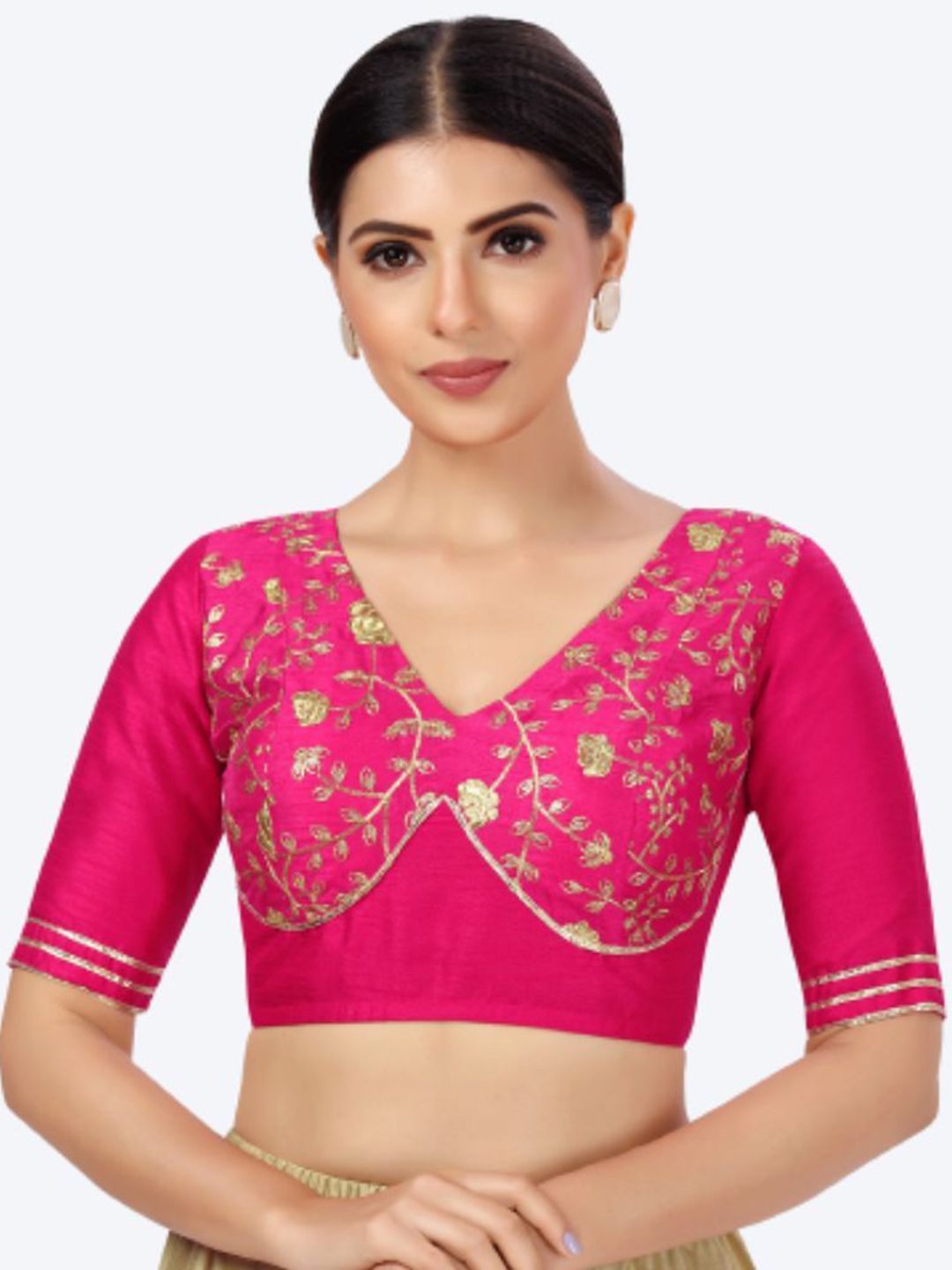 Studio Shringaar Pink & Gold-Toned Embroidered Saree Blouse Price in India