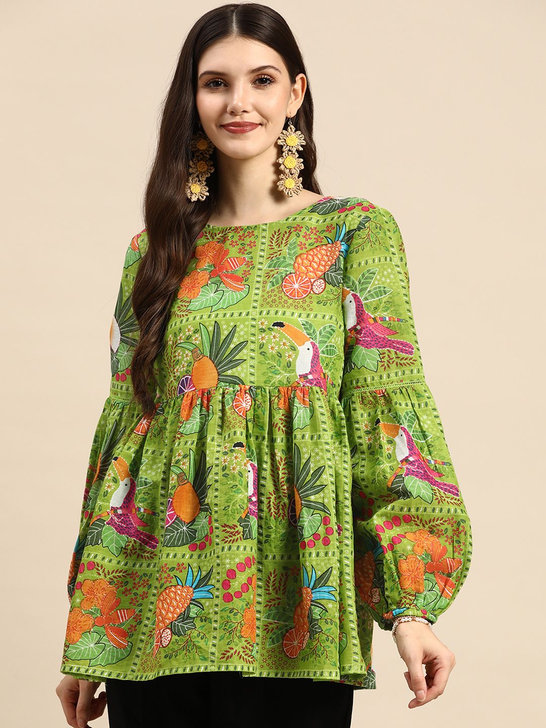 Sangria Green & Pink Floral Print Cotton Cinched Waist Top Price in India