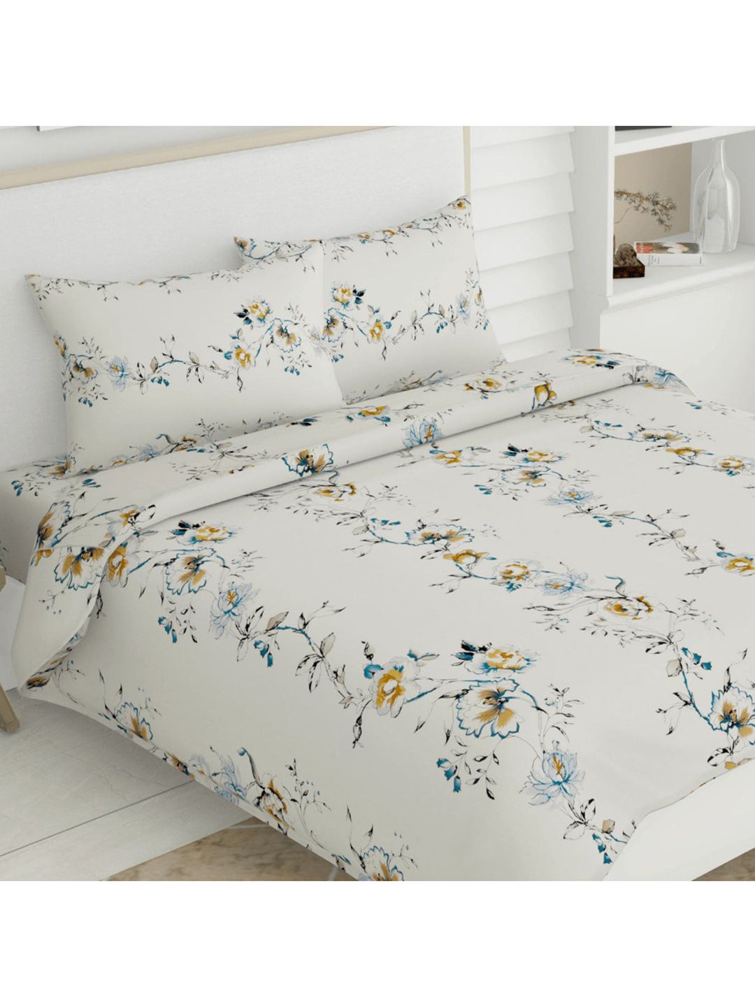 haus & kinder Blue & Brown Floral 186 TC Queen Bedsheet with 2 Pillow Covers Price in India
