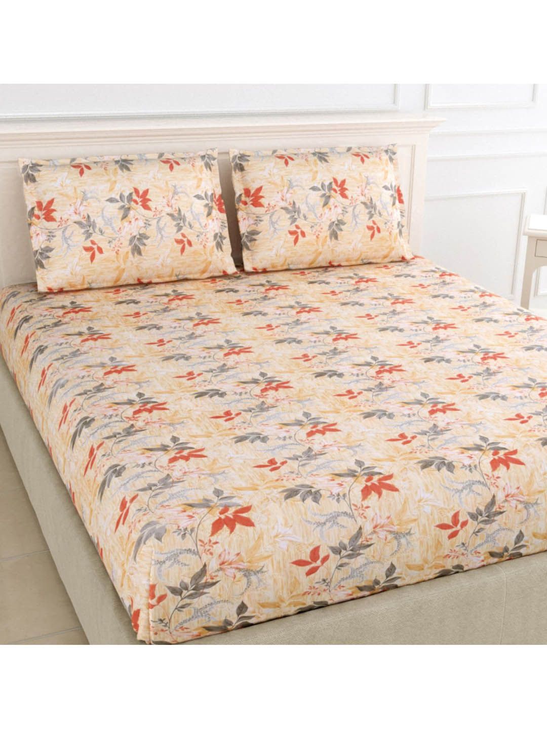 haus & kinder Brown & Orange Floral 144 TC King Bedsheet with 2 Pillow Covers Price in India