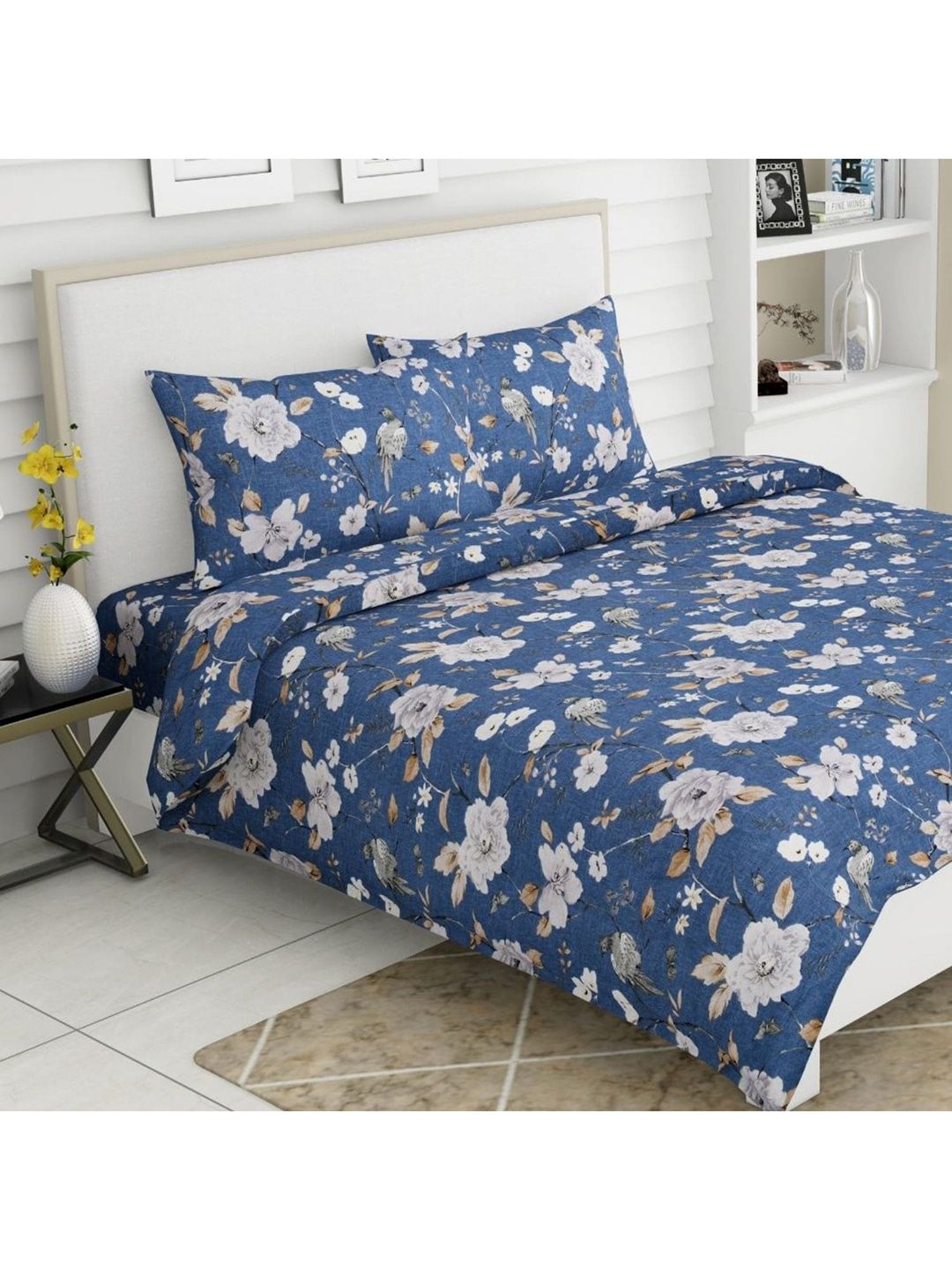haus & kinder Navy Blue & White Floral 186 TC Queen Bedsheet with 2 Pillow Covers Price in India