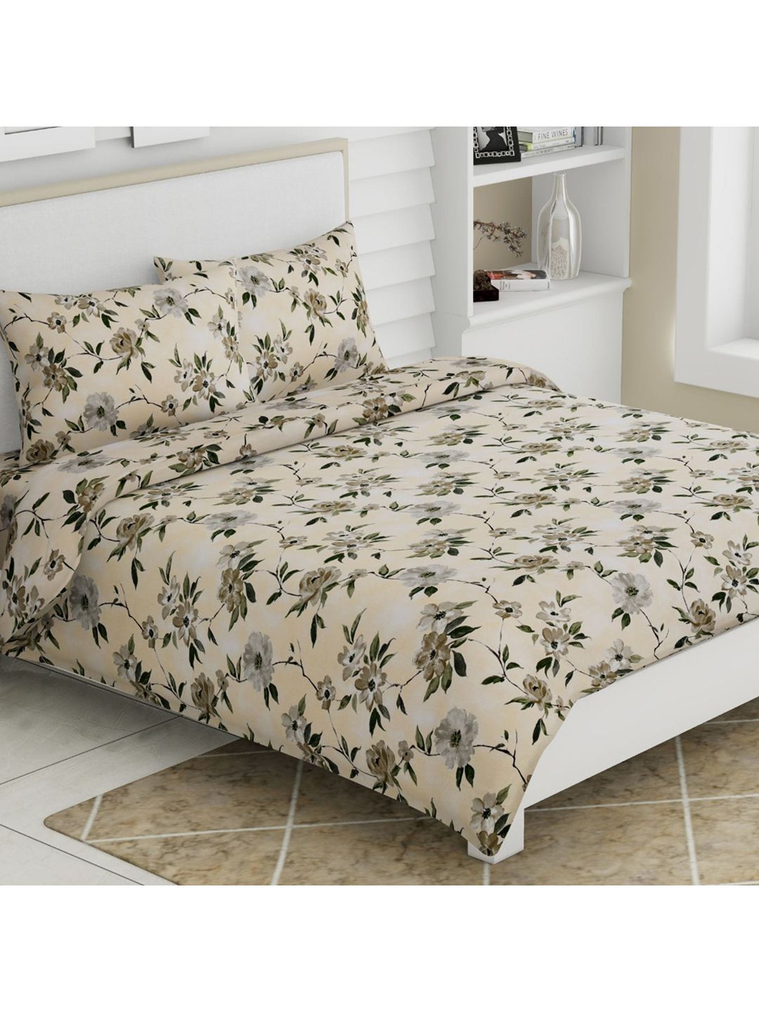 haus & kinder Yellow & Grey Floral 186 TC King Bedsheet with 2 Pillow Covers Price in India