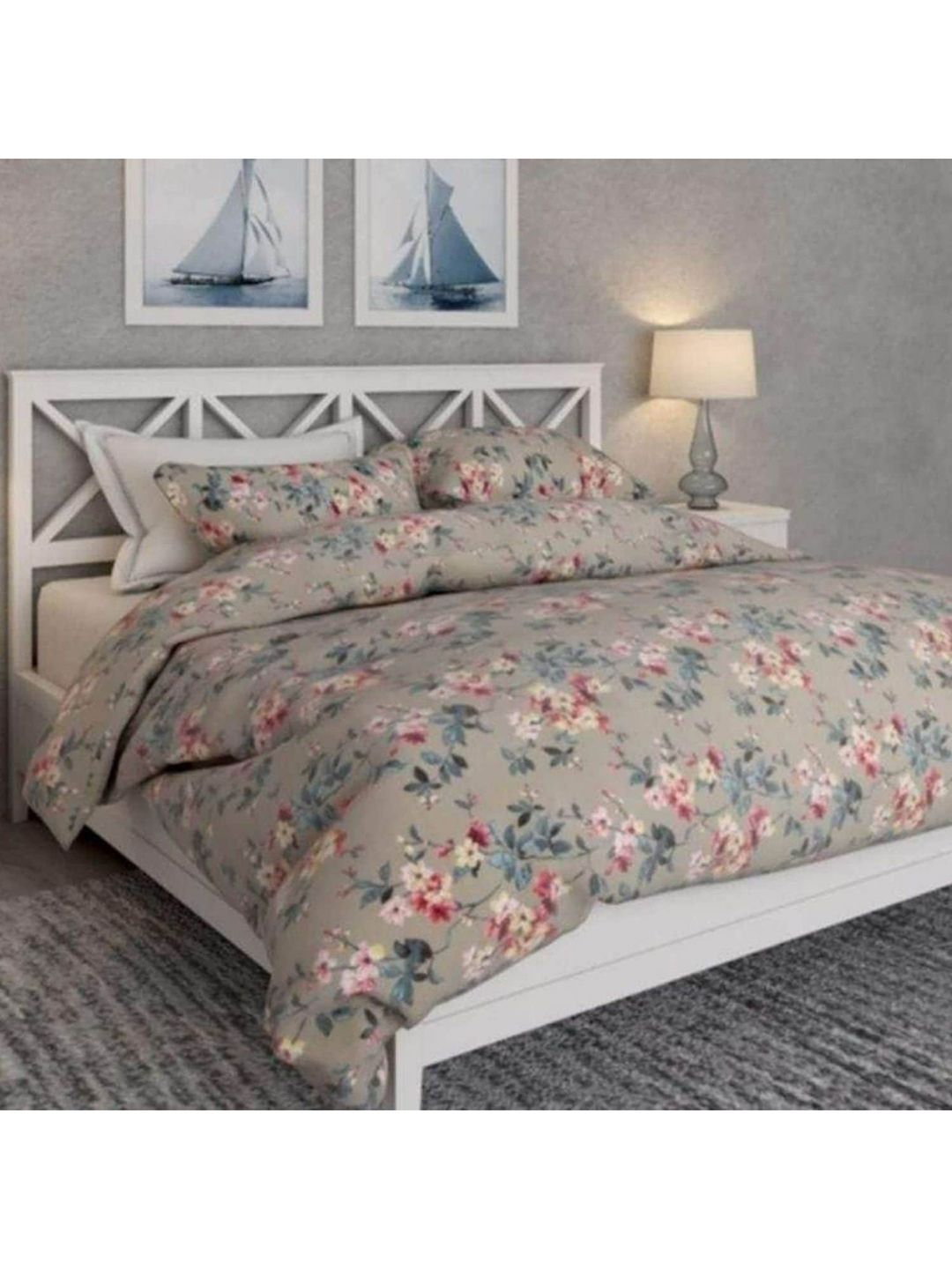 haus & kinder Beige & Red Floral 186 TC King Bedsheet with 2 Pillow Covers Price in India