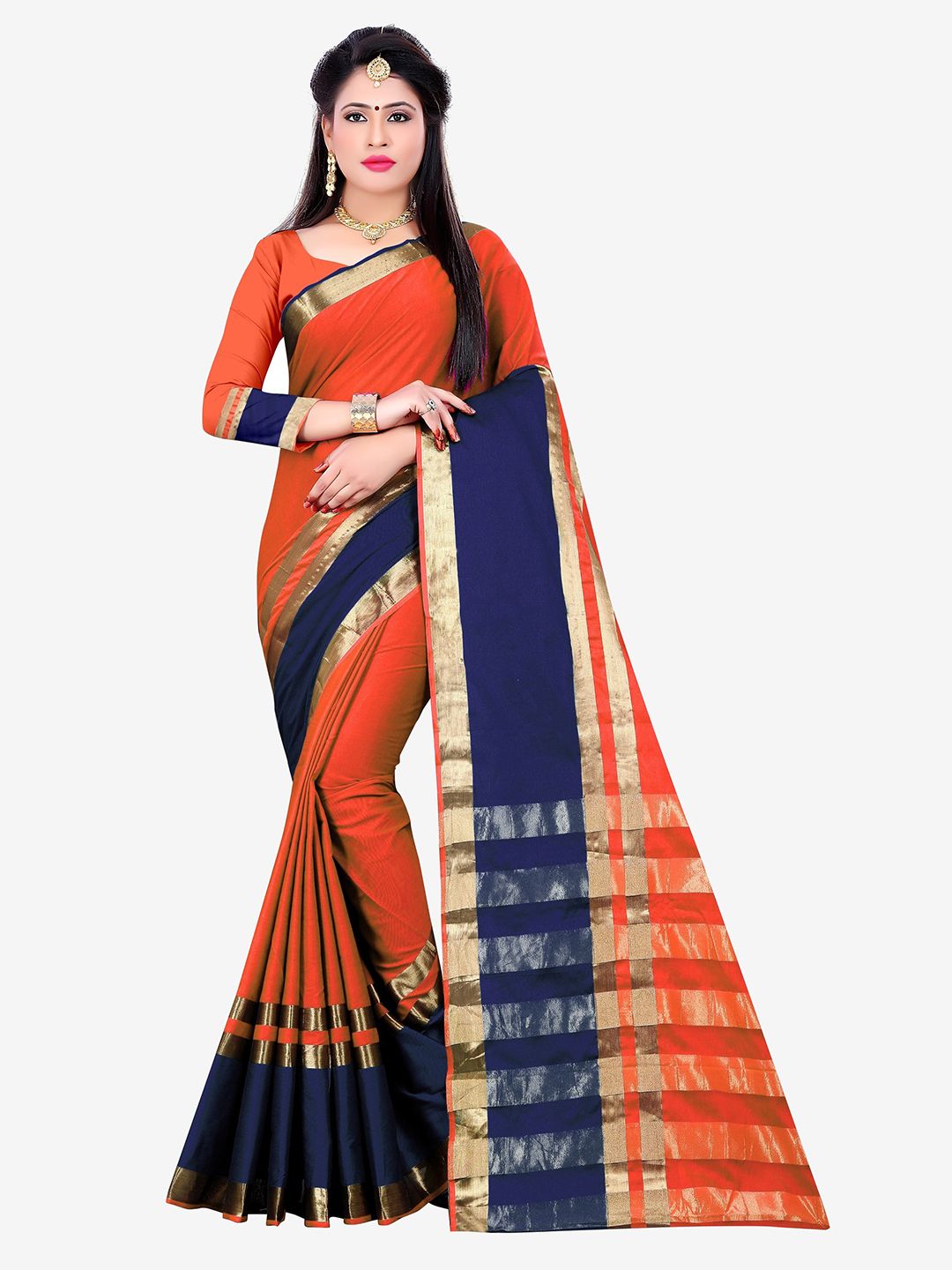 Indian Fashionista Orange & Navy Blue Woven Design Zari Silk Cotton Fusion Mysore Silk Saree Price in India