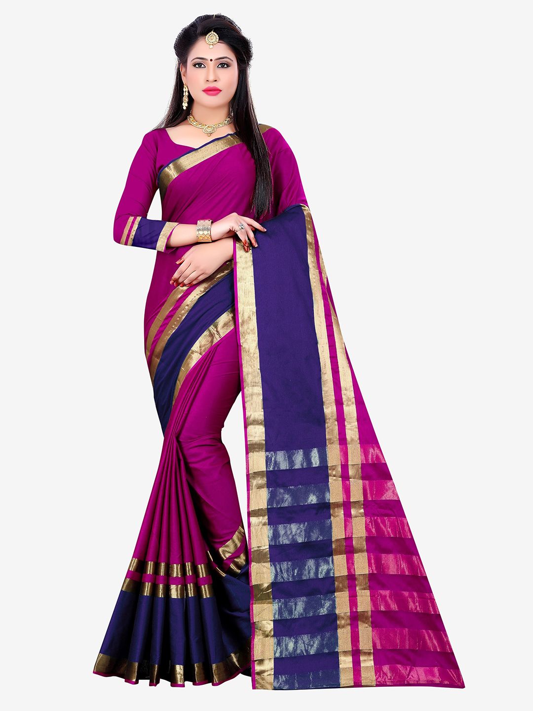 Indian Fashionista Purple & Blue Woven Design Zari Silk Cotton Fusion Mysore Silk Saree Price in India