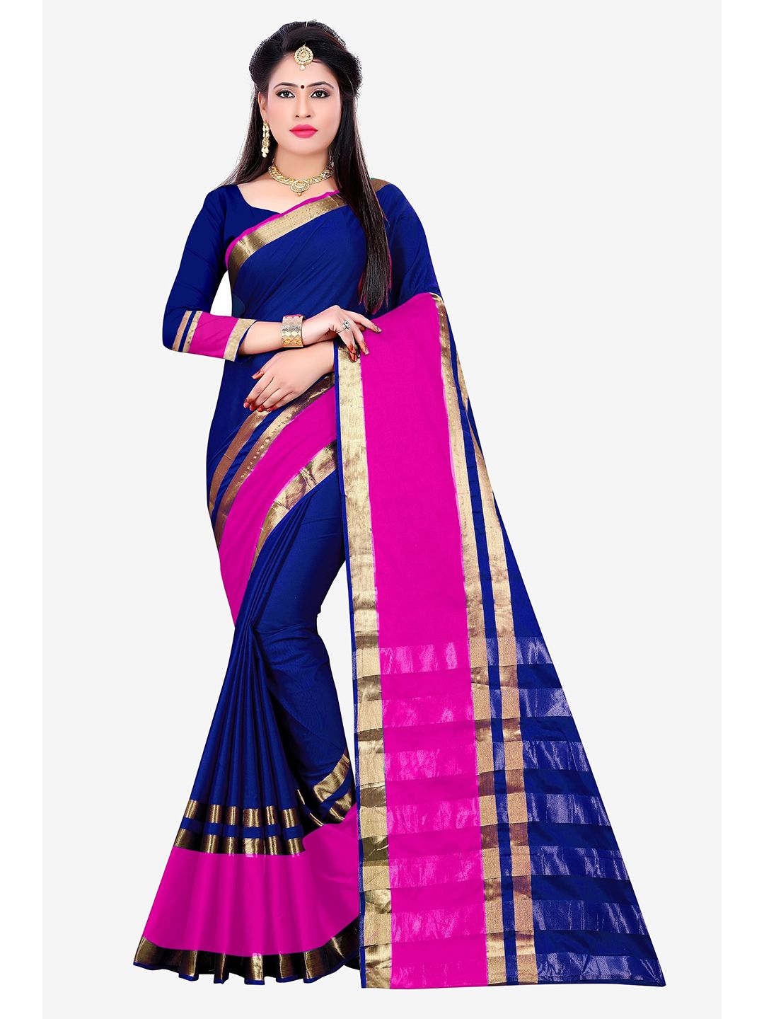 Indian Fashionista Navy Blue & Pink Woven Design Zari Silk Cotton Fusion Mysore Silk Saree Price in India