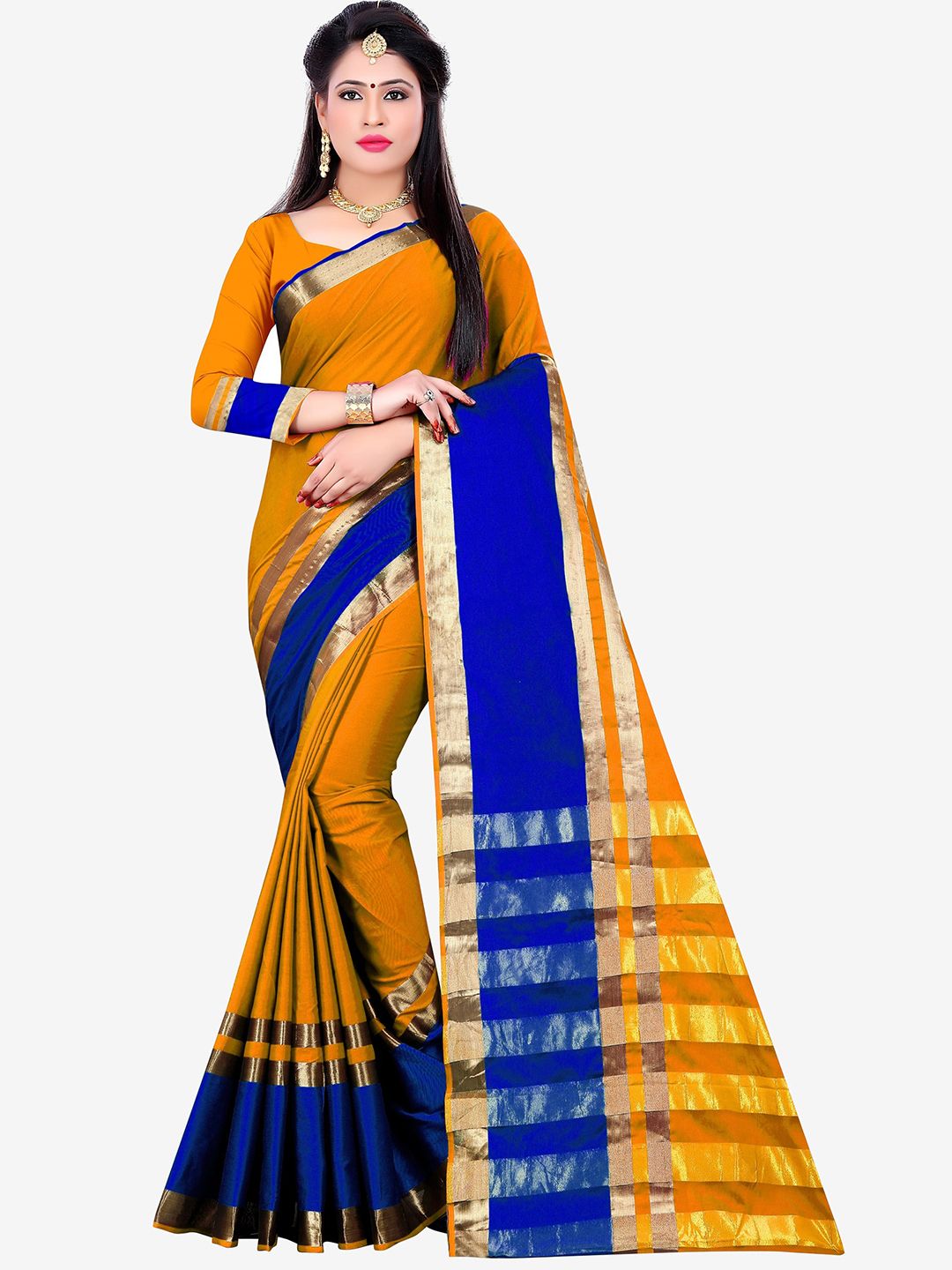 Indian Fashionista Mustard & Blue Woven Design Zari Silk Cotton Fusion Mysore Silk Saree Price in India