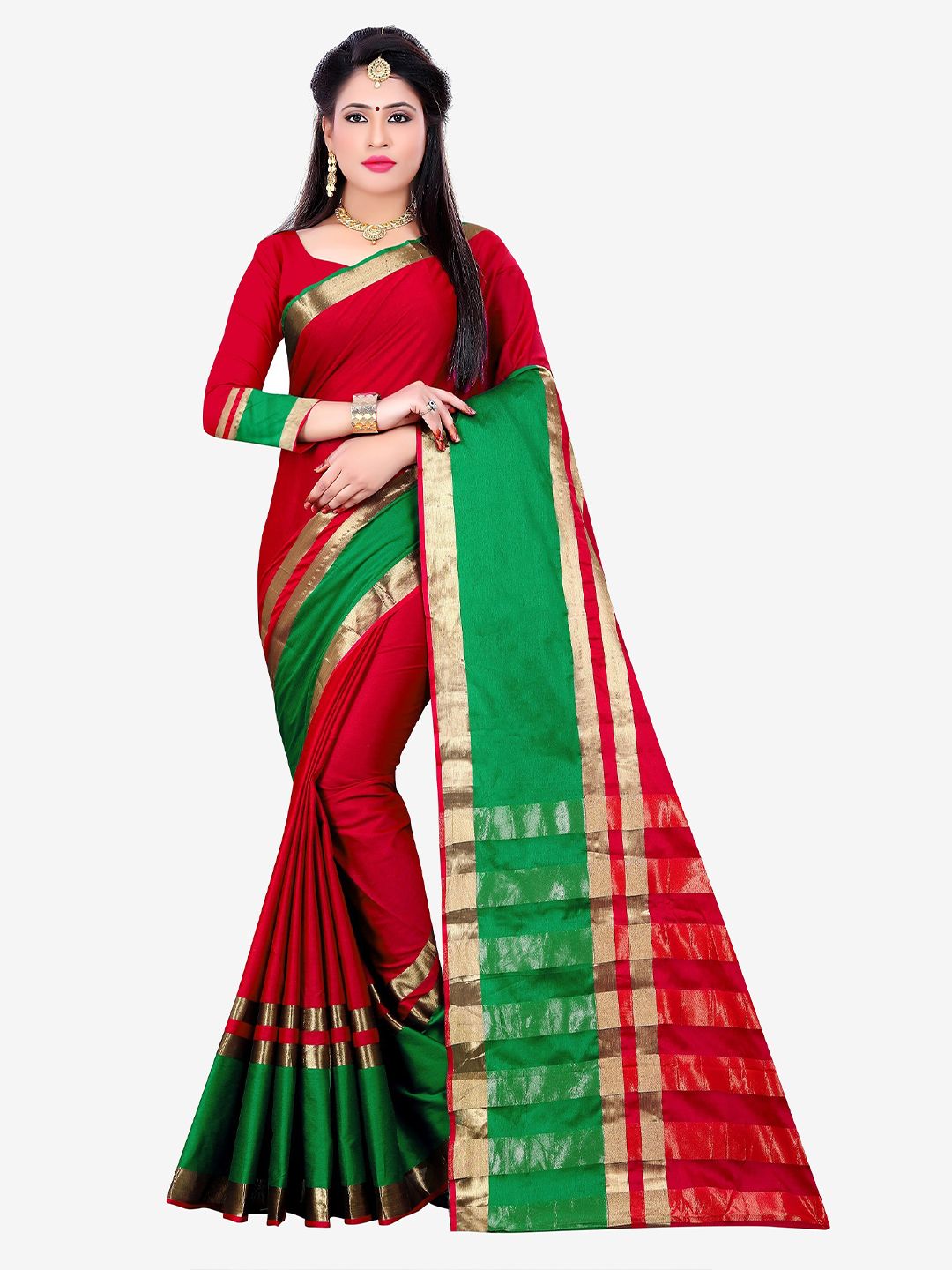 Indian Fashionista Red & Green Woven Design Zari Silk Cotton Fusion Mysore Silk Saree Price in India