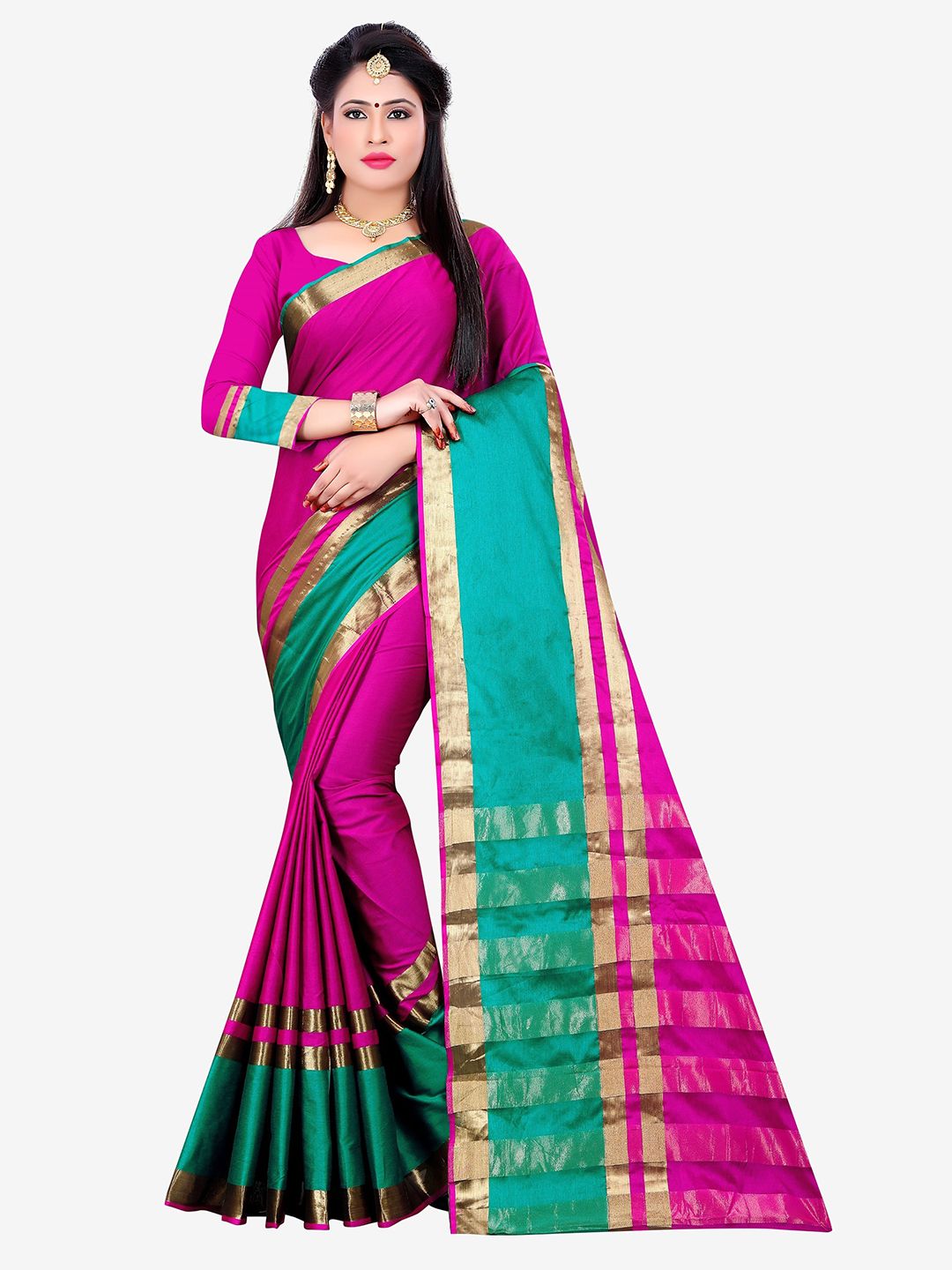 Indian Fashionista Pink & Green Woven Design Zari Silk Cotton Fusion Mysore Silk Saree Price in India