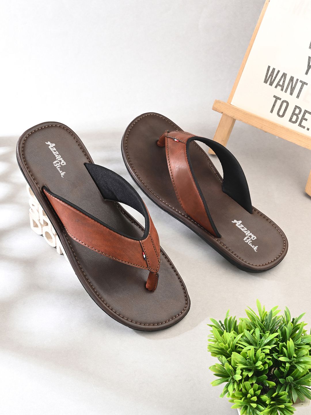 Azzaro Black Men Brown Thong Flip-Flops