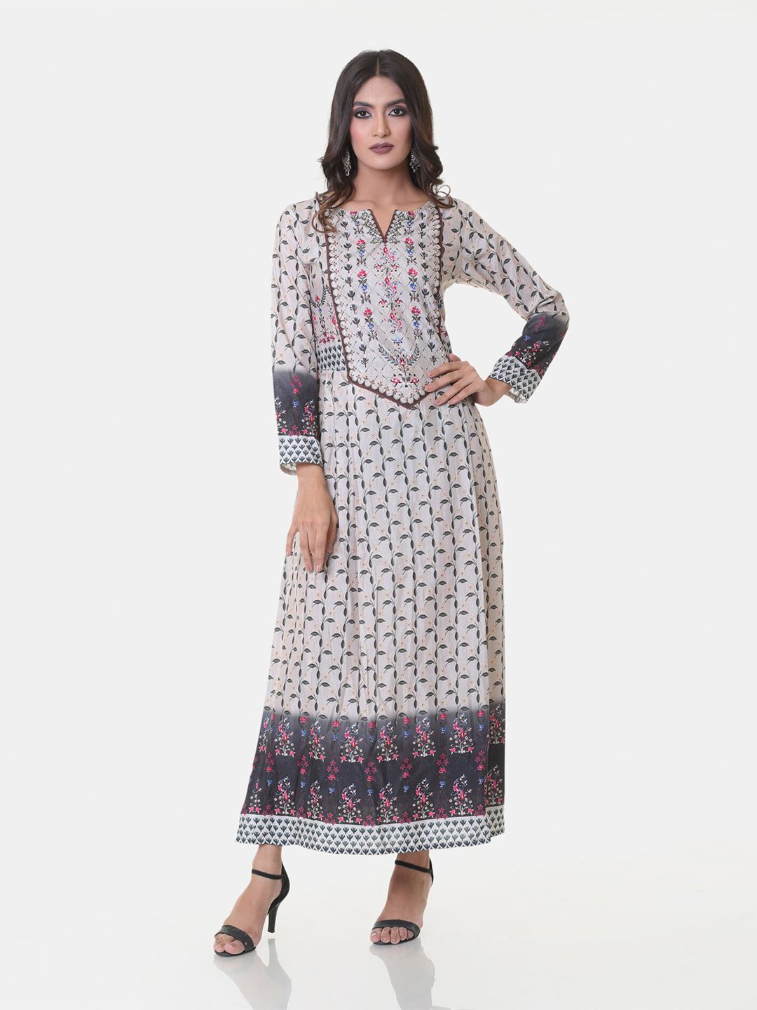 HEEPOSH Beige Ethnic Motifs  Ethnic Maxi Floral Printed Dress Price in India