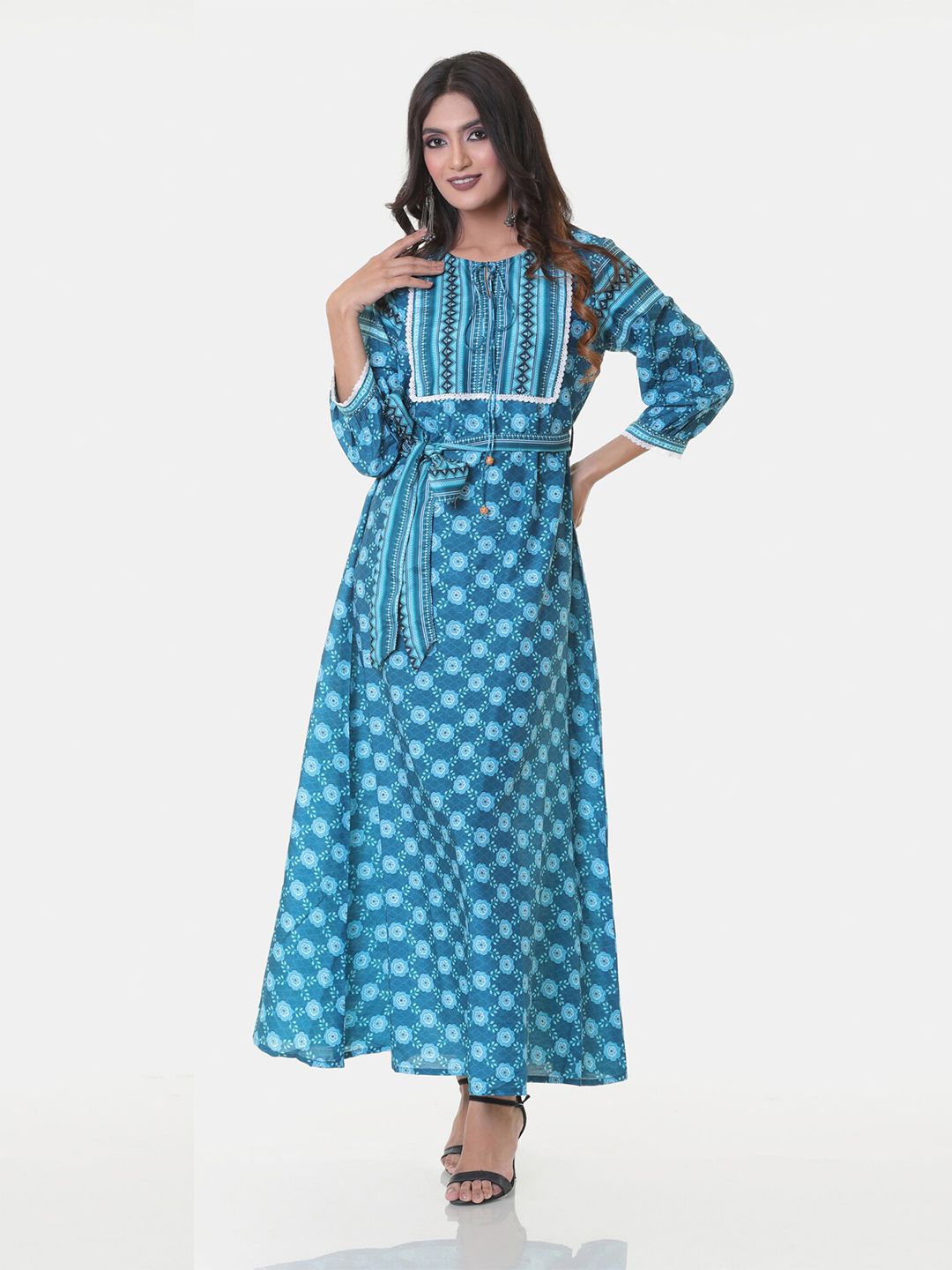 HEEPOSH Women Blue Ethnic Floral Printed  Maxi Dress Price in India