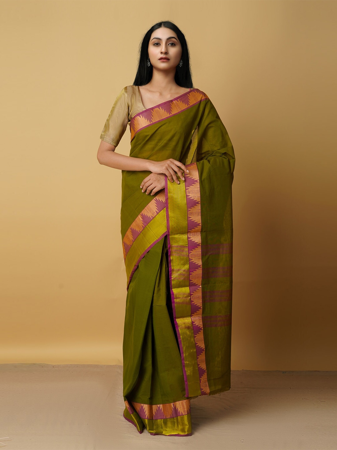 Unnati Silks Green & Orange Woven Design Zari Pure Cotton Venkatgiri Saree Price in India