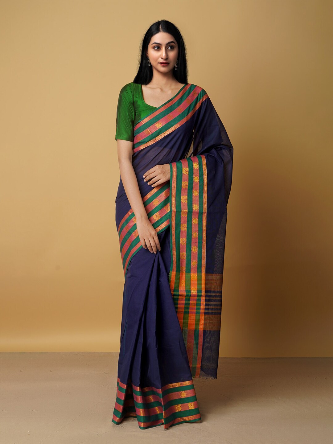 Unnati Silks Women Navy Blue & Brown Woven Design Zari Pure Cotton Venkatgiri Saree Price in India