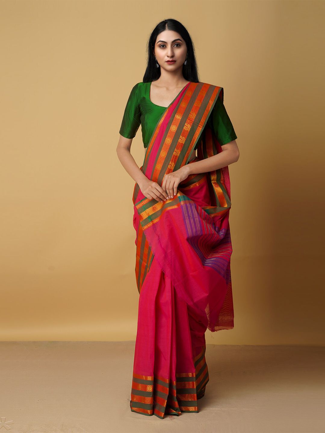 Unnati Silks Women Pink & Gold-Toned Woven Design Zari Pure Cotton Venkatgiri Saree Price in India
