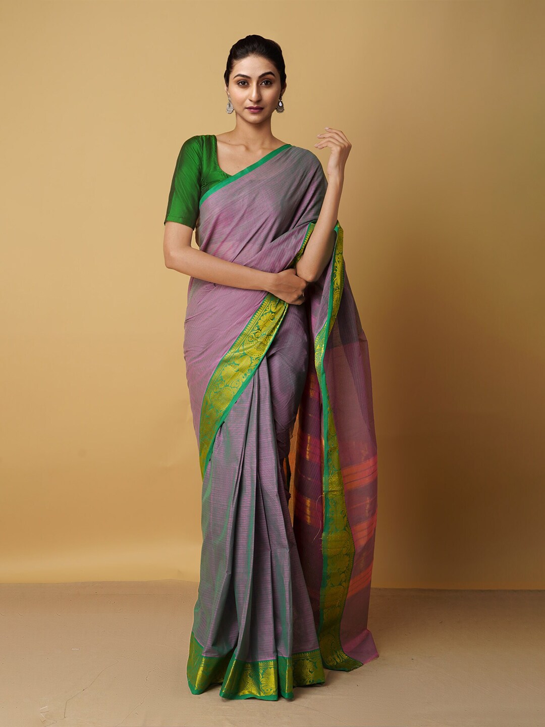 Unnati Silks Pink & Green, Gold-Toned Woven Design Zari Pure Cotton Venkatgiri Saree Price in India
