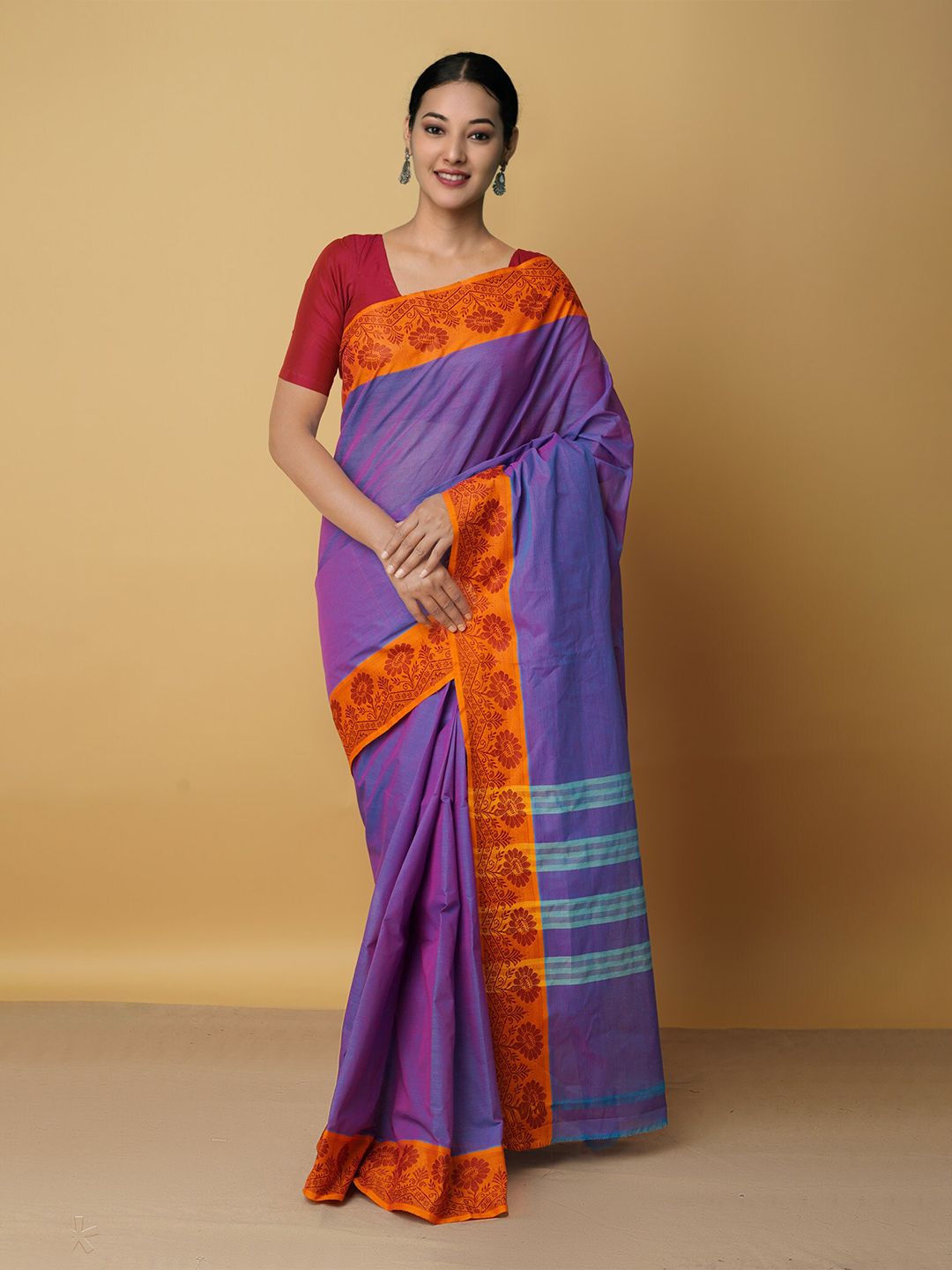 Unnati Silks Women Blue & Orange Woven Design Zari Pure Cotton Venkatgiri Saree Price in India