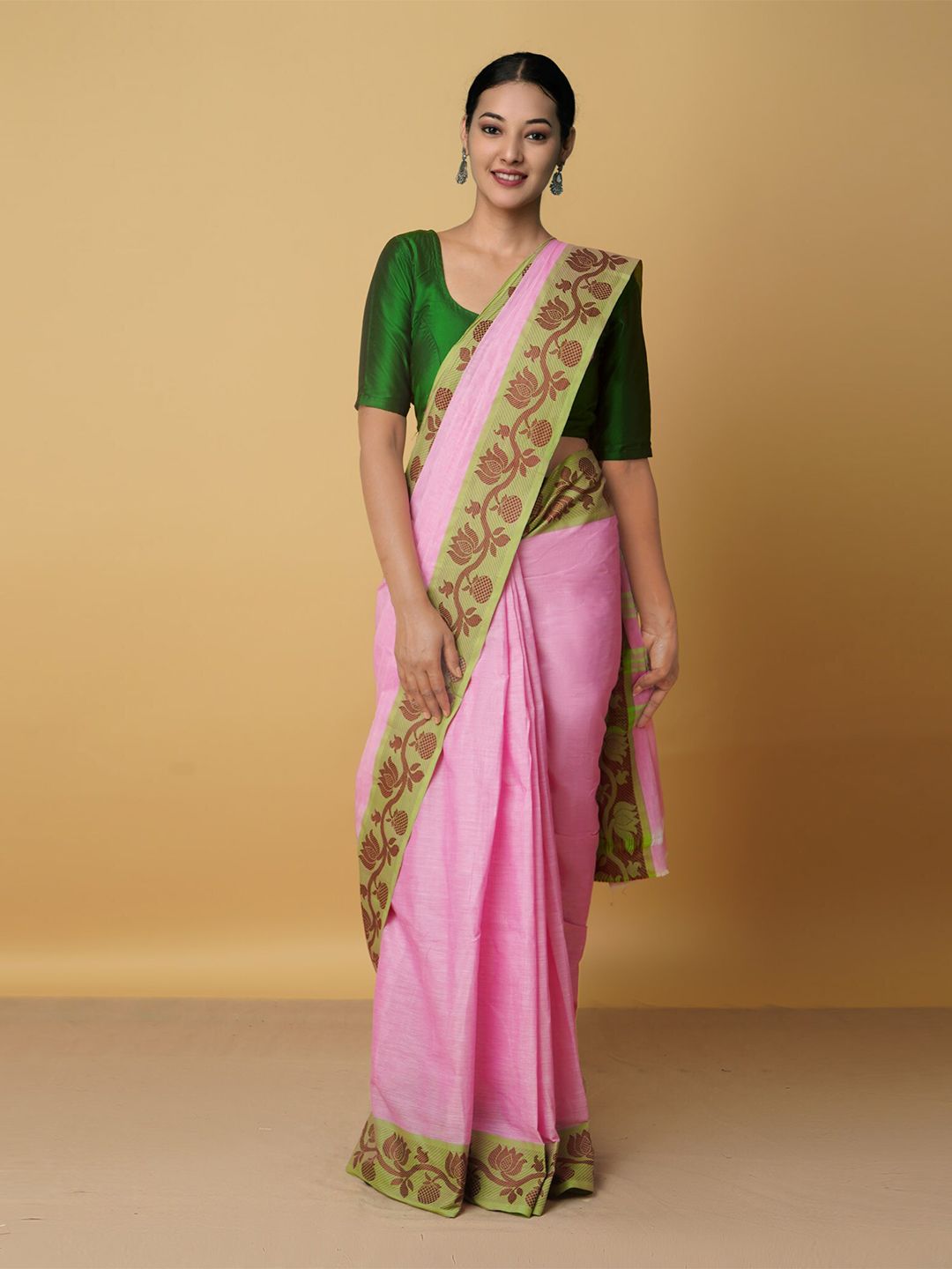 Unnati Silks Women Pink & Green Woven Design Zari Pure Cotton Venkatgiri Saree Price in India