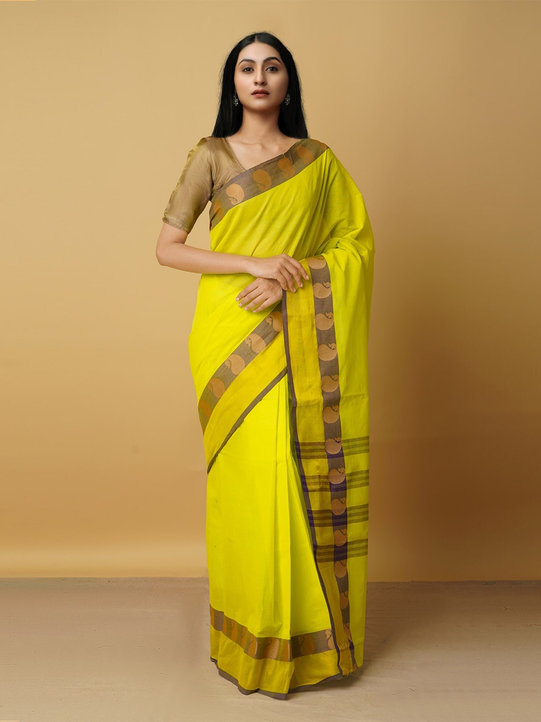 Unnati Silks Green & Brown Woven Design Pure Cotton Venkatgiri Saree Price in India