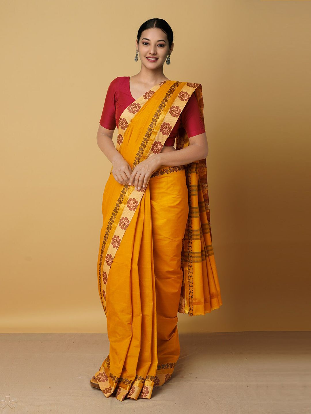 Unnati Silks Brown & Gold-Toned Floral Zari Pure Cotton Venkatgiri Saree Price in India