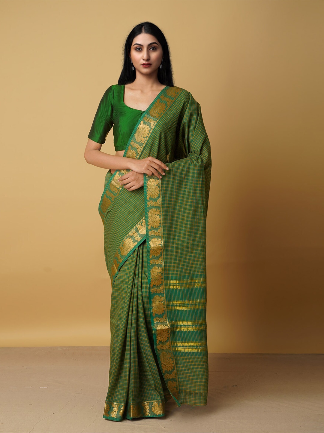 Unnati Silks Green & Yellow Woven Design Zari Pure Cotton Venkatgiri Saree Price in India