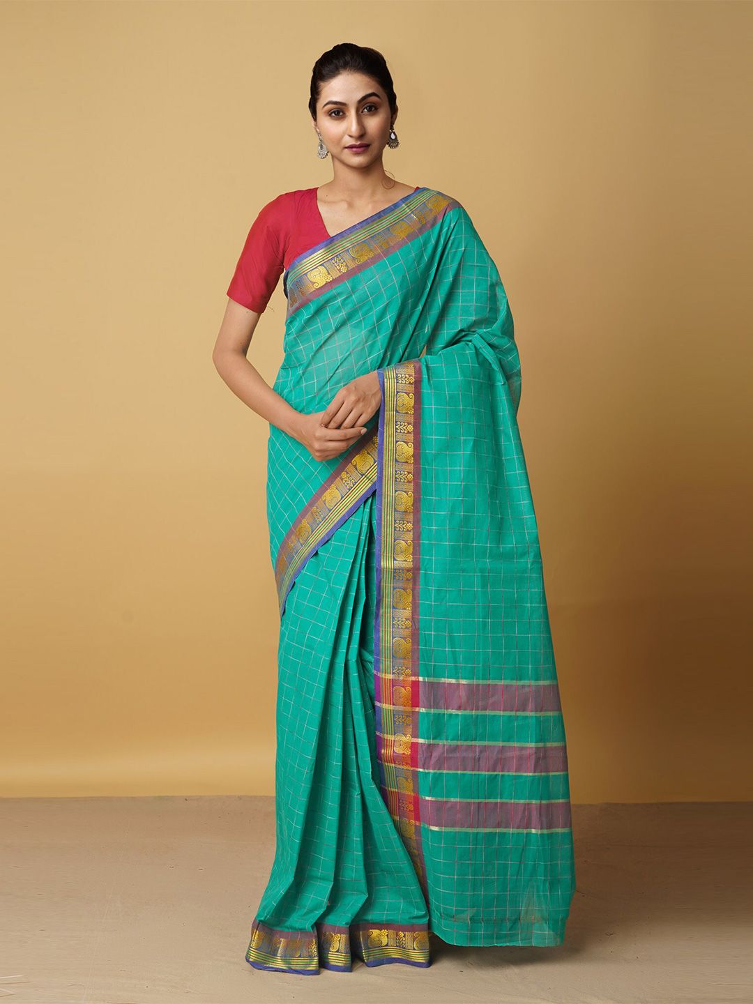 Unnati Silks Green & Gold-Toned Woven Design Zari Pure Cotton Venkatgiri Saree Price in India