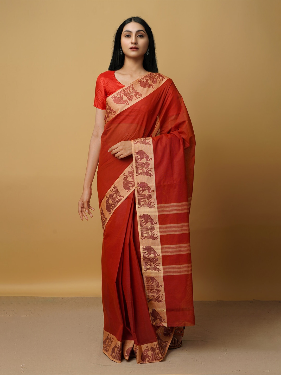 Unnati Silks Red & Gold-Toned Woven Design Zari Pure Cotton Venkatgiri Saree Price in India