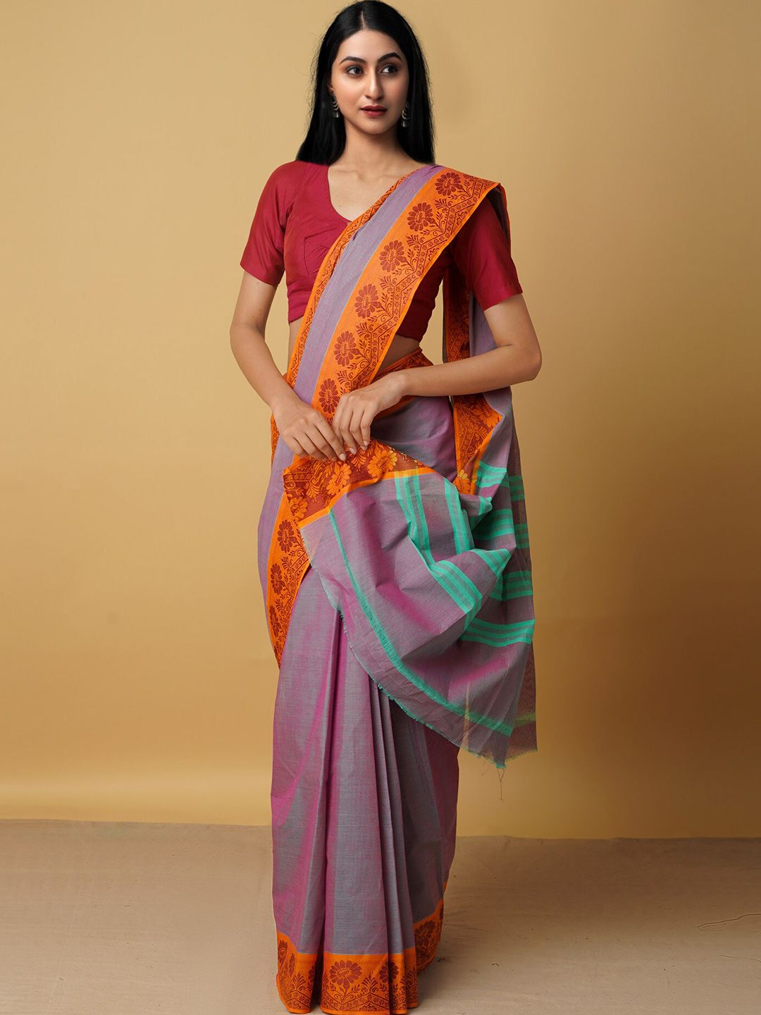 Unnati Silks Orange & Green Woven Design Zari Pure Cotton Venkatgiri Saree Price in India