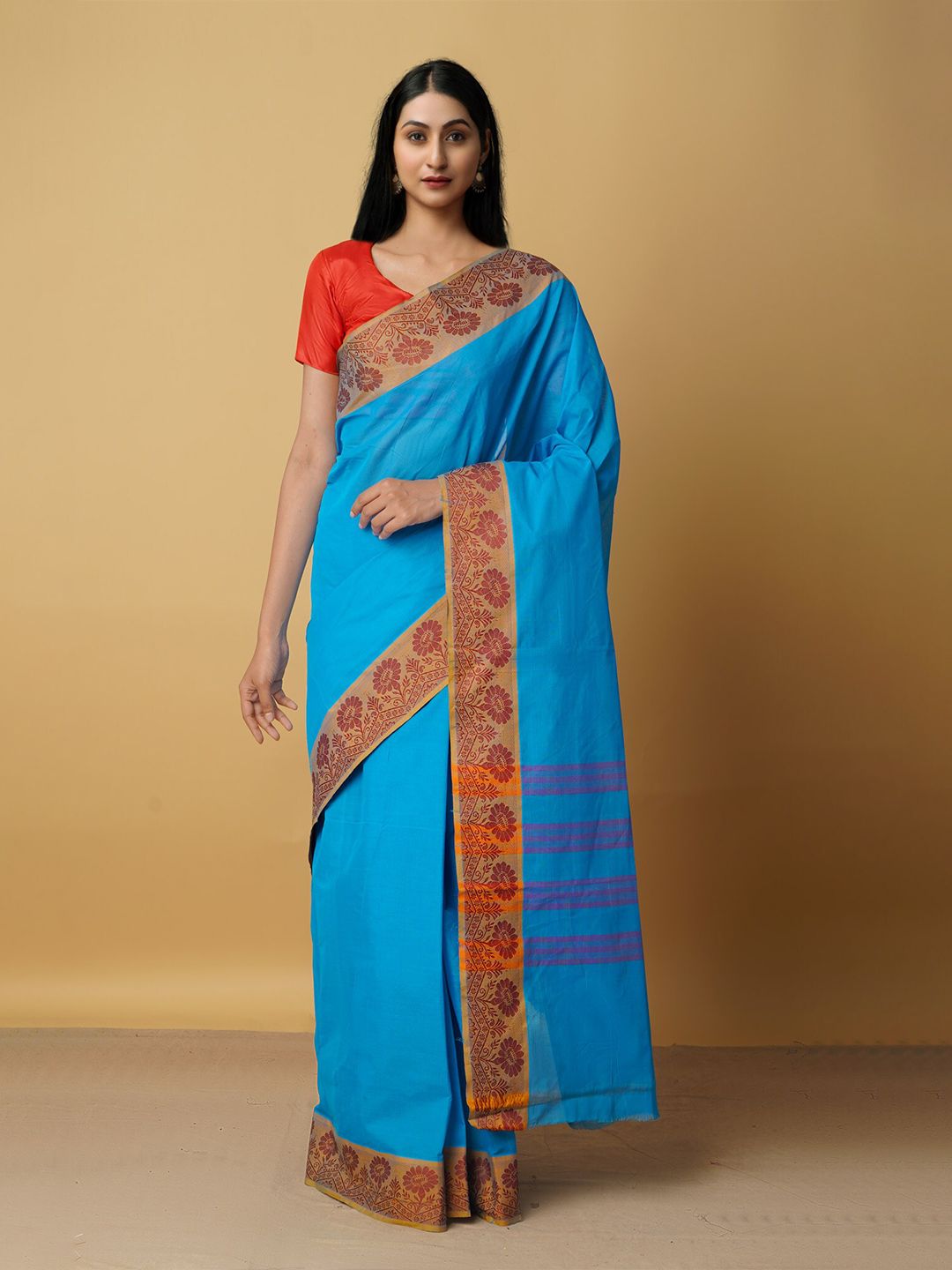 Unnati Silks Blue & Red Woven Design Zari Pure Cotton Venkatgiri Saree Price in India