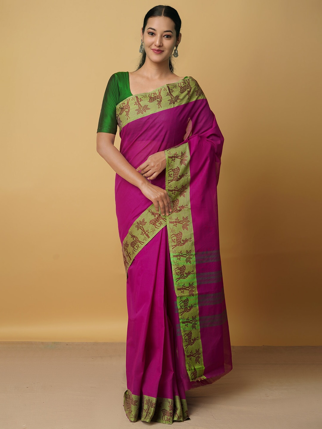 Unnati Silks Purple & Green Zari Pure Cotton Venkatgiri Saree Price in India