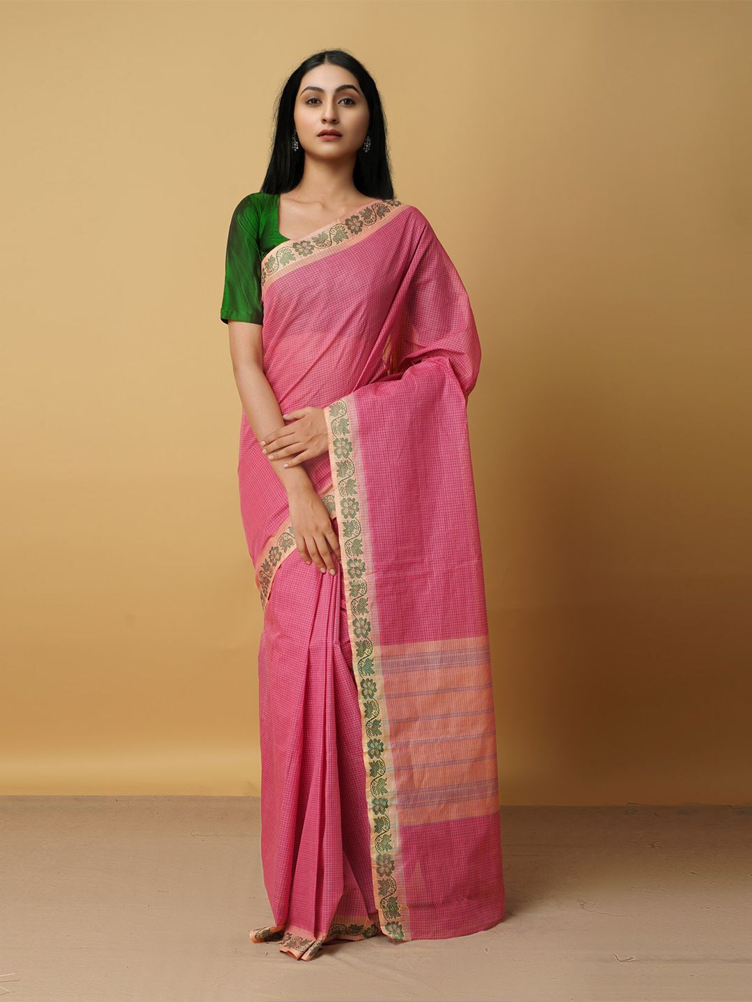 Unnati Silks Pink & Green Woven Design Zari Pure Cotton Venkatgiri Saree Price in India