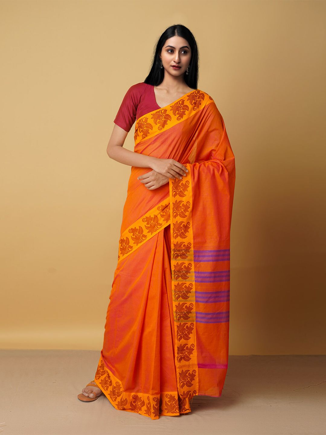 Unnati Silks Orange & Yellow Woven Design Pure Cotton Venkatgiri Saree Price in India