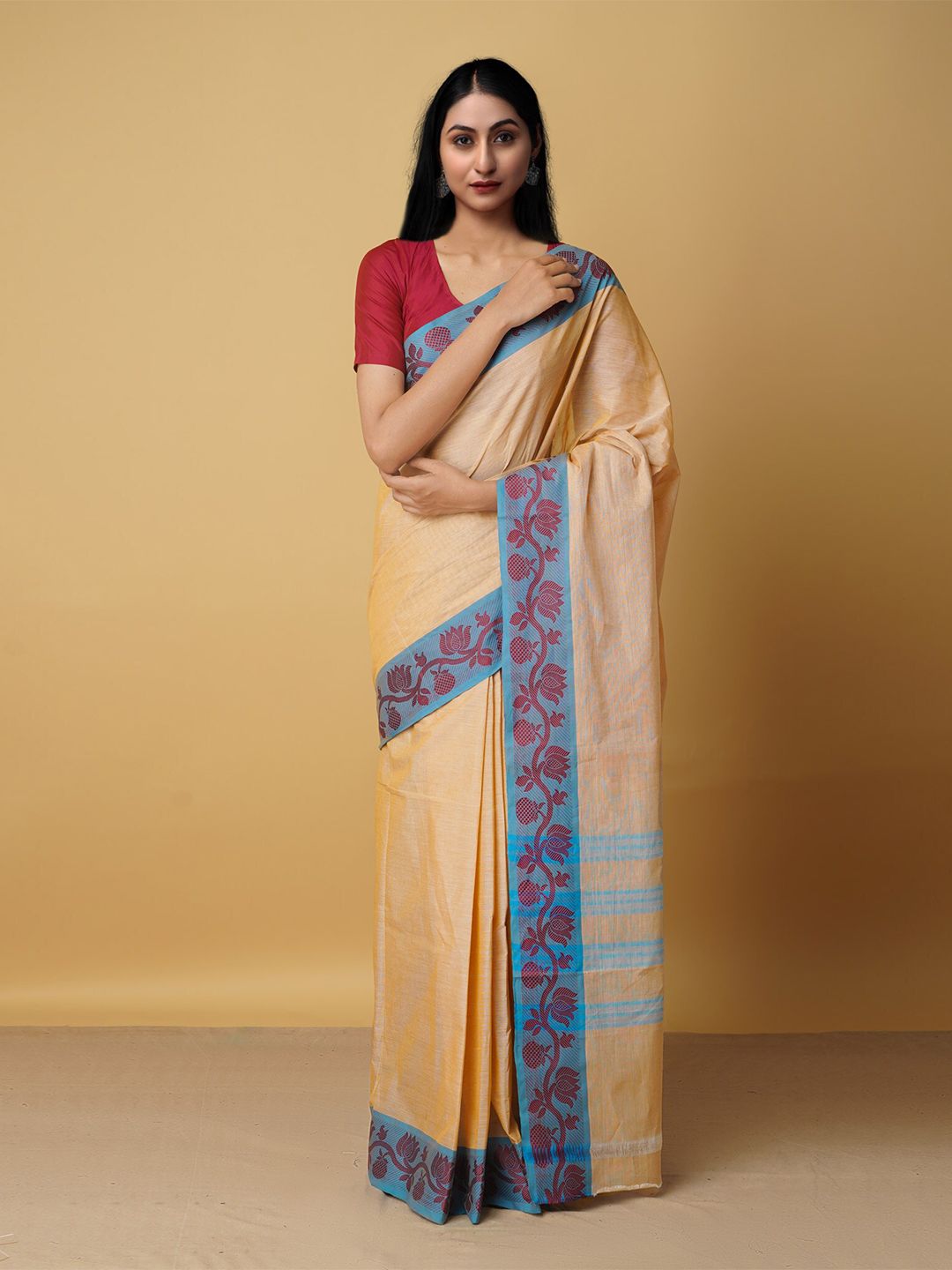 Unnati Silks Cream-Coloured & Blue Pure Cotton Venkatgiri Saree Price in India