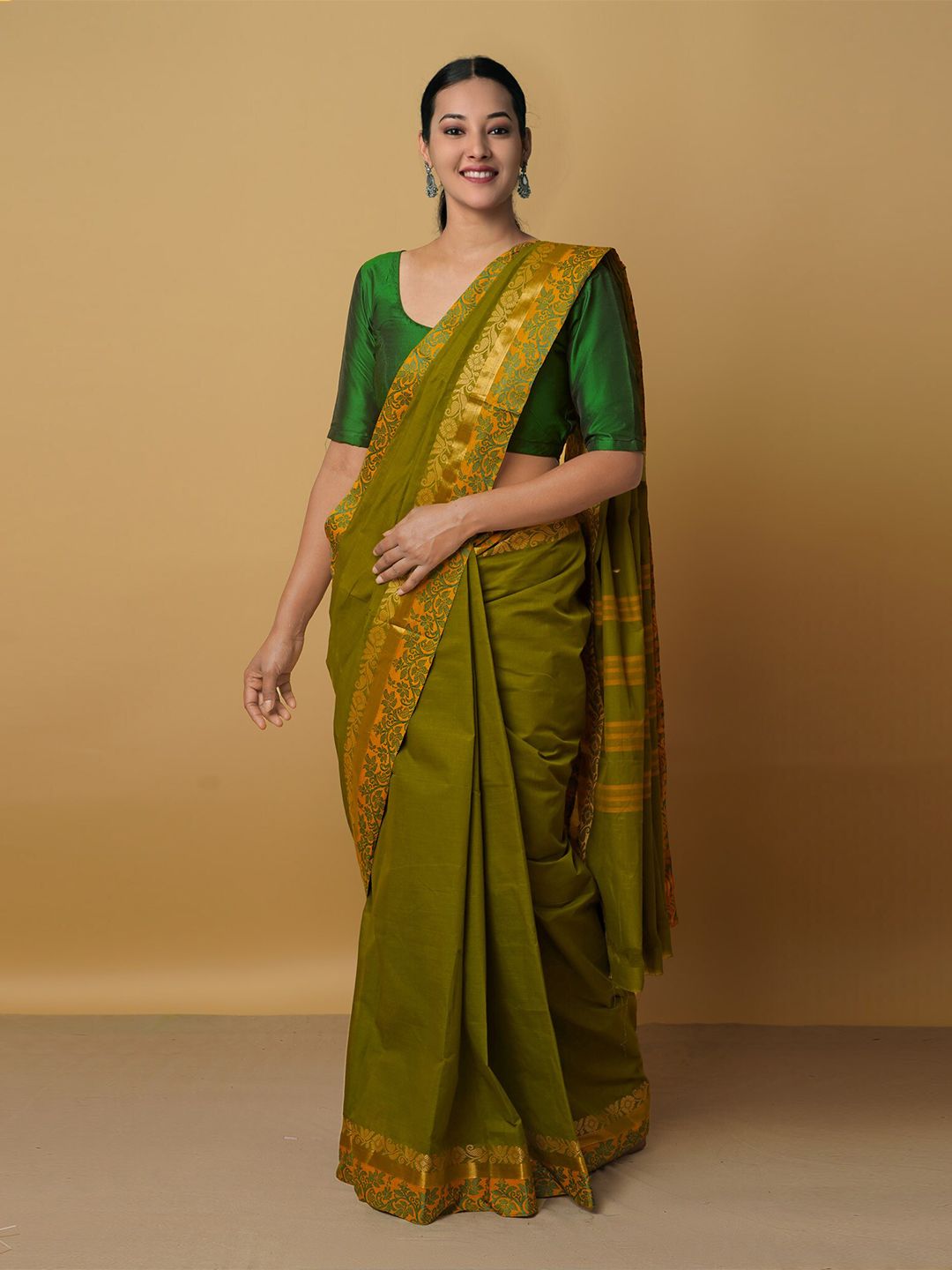 Unnati Silks Green & Mustard Woven Design Zari Pure Pavani Venkatgiri Cotton Saree Price in India