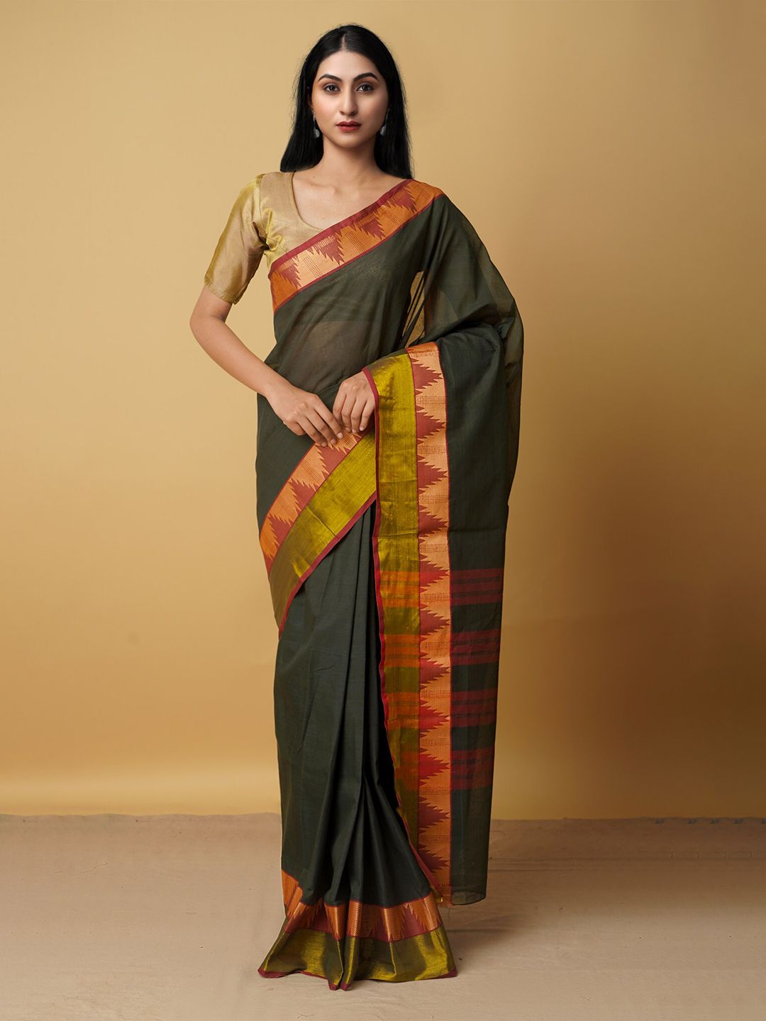 Unnati Silks Women Green & Red Zari Pure Cotton Venkatgiri Saree Price in India