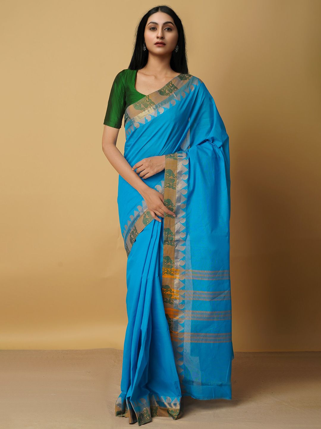 Unnati Silks Blue & Gold-Toned Woven Design Pure Cotton Venkatgiri Saree Price in India