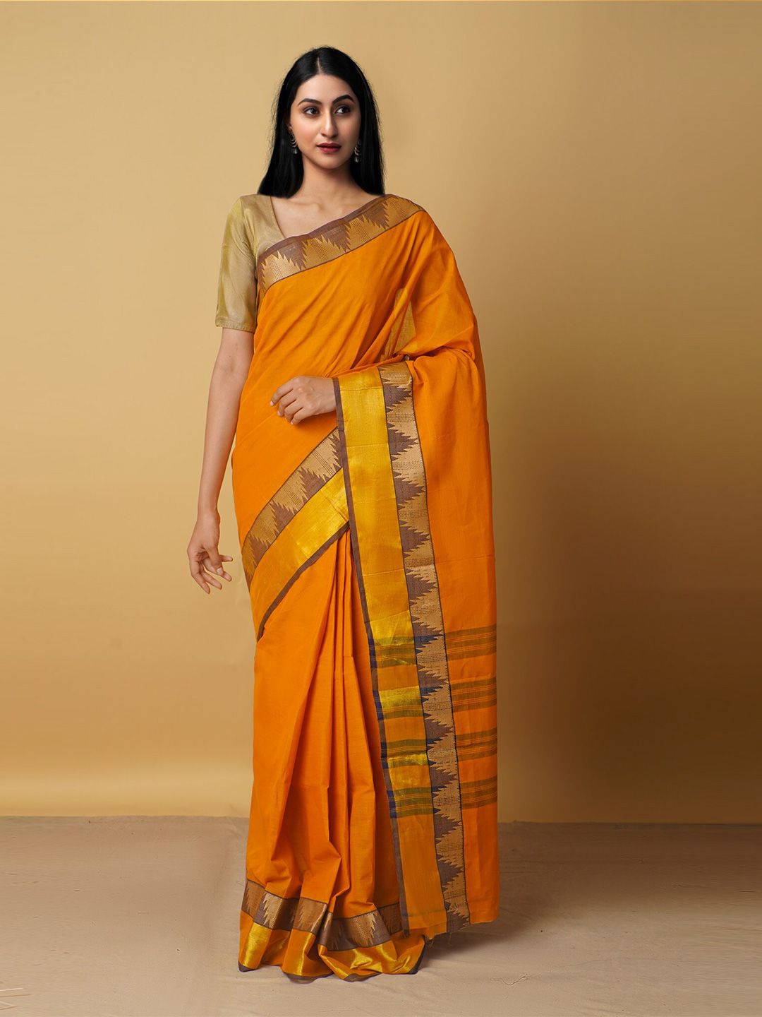 Unnati Silks Orange & Grey Woven Design Zari Pure Cotton Venkatgiri Saree Price in India