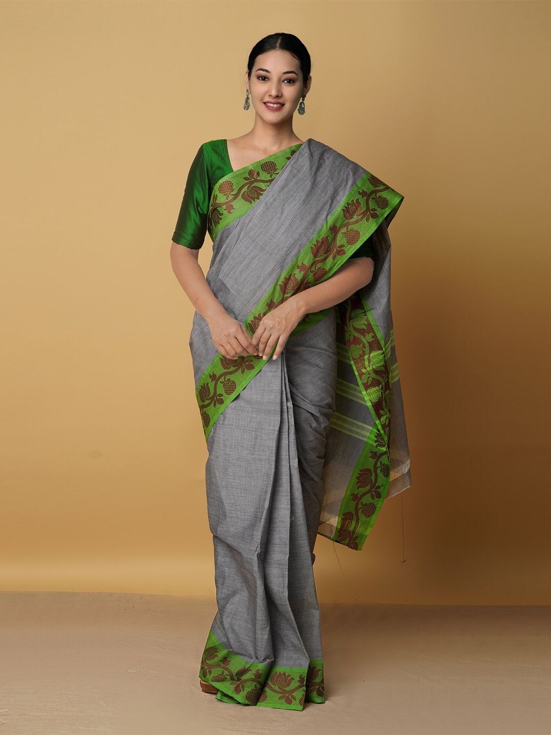 Unnati Silks Grey & Green Floral Pure Cotton Venkatgiri Saree Price in India