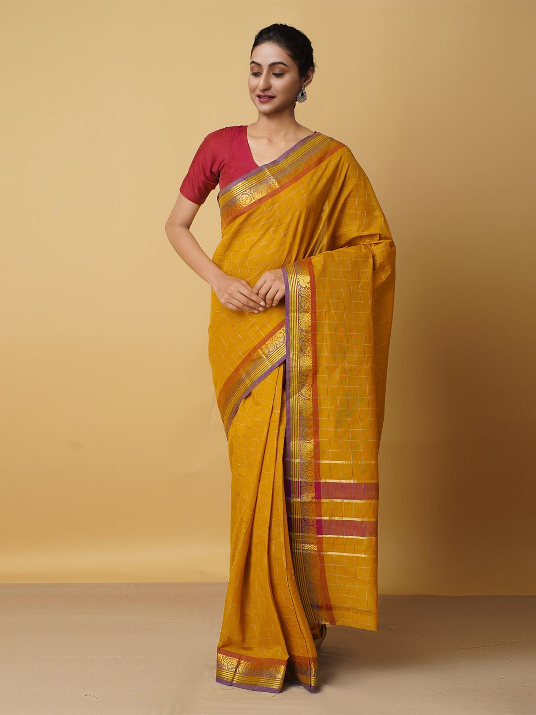 Unnati Silks Brown & Gold-Toned Woven Design Zari Pure Cotton Venkatgiri Saree Price in India