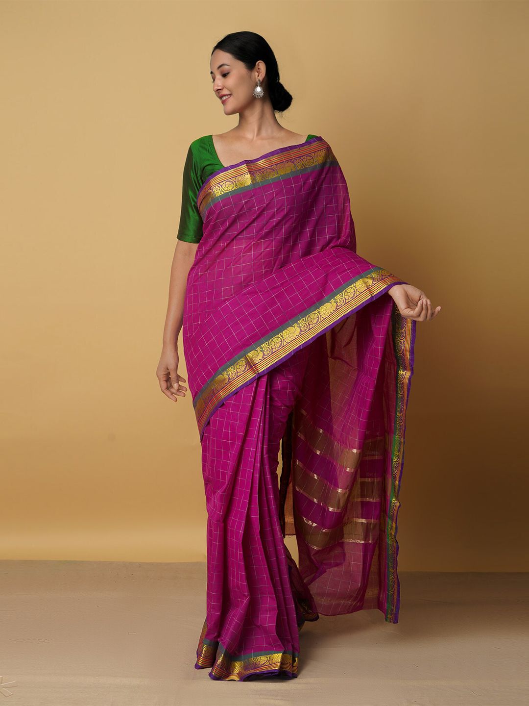 Unnati Silks Purple & Gold-Toned  Zari Pure Cotton Venkatgiri Saree Price in India