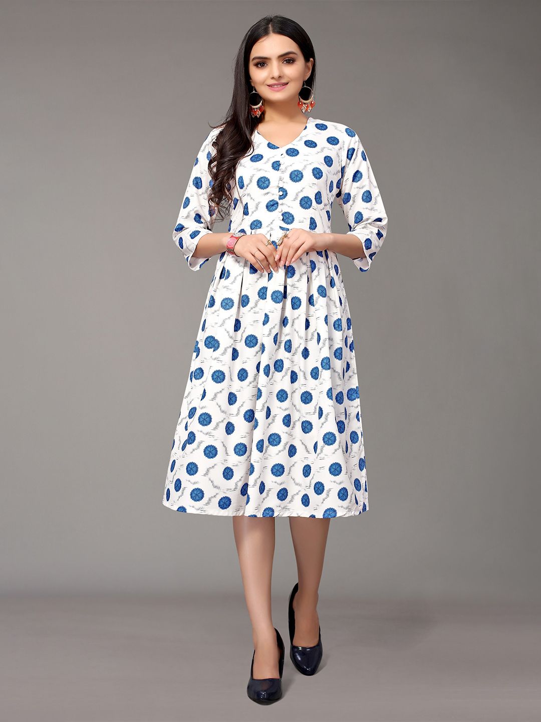 Nimayaa Off White & Blue Polka Dot Printed Crepe Dress Price in India