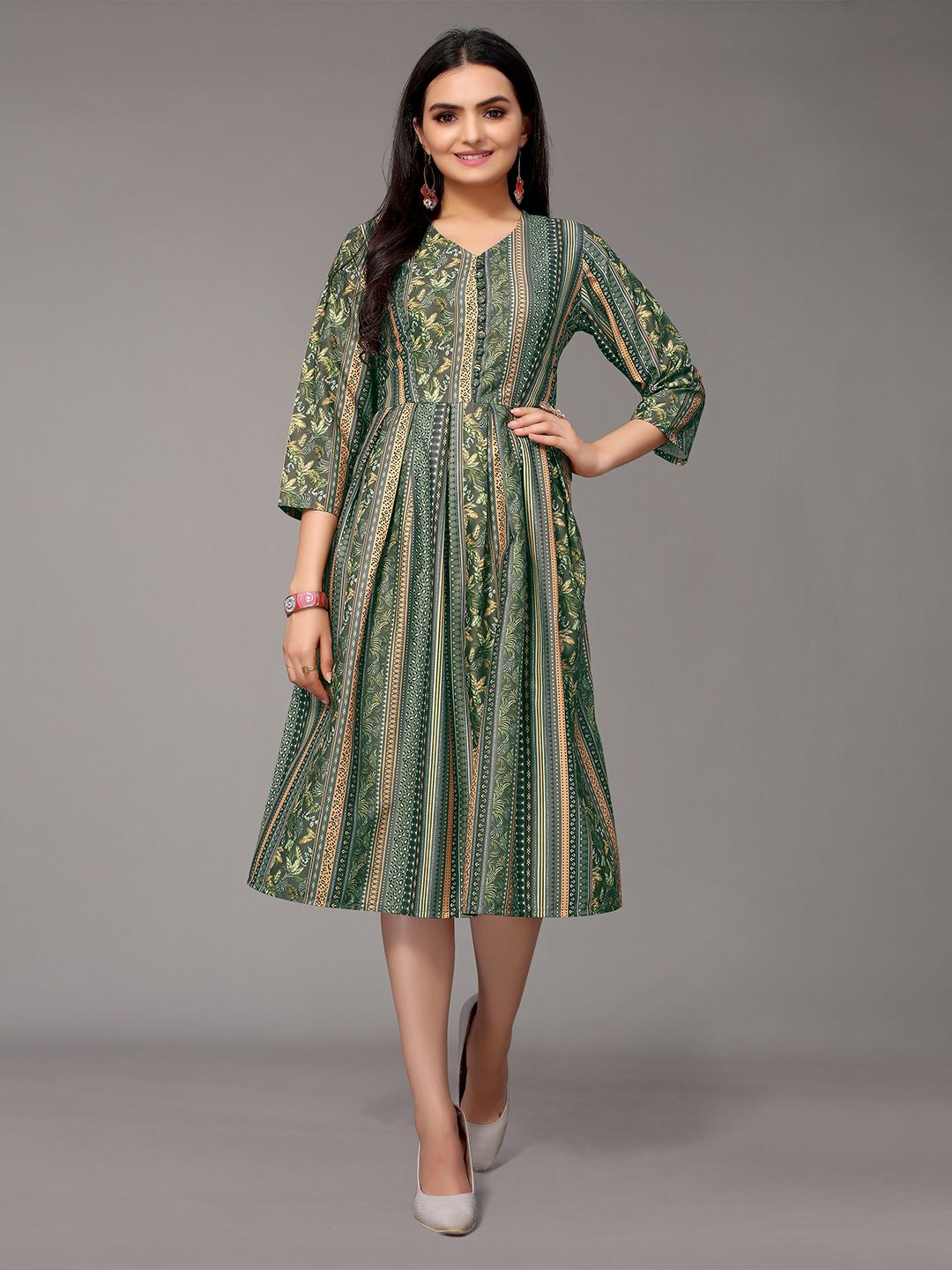 Nimayaa Green Ethnic Motifs Crepe A-Line Dress Price in India