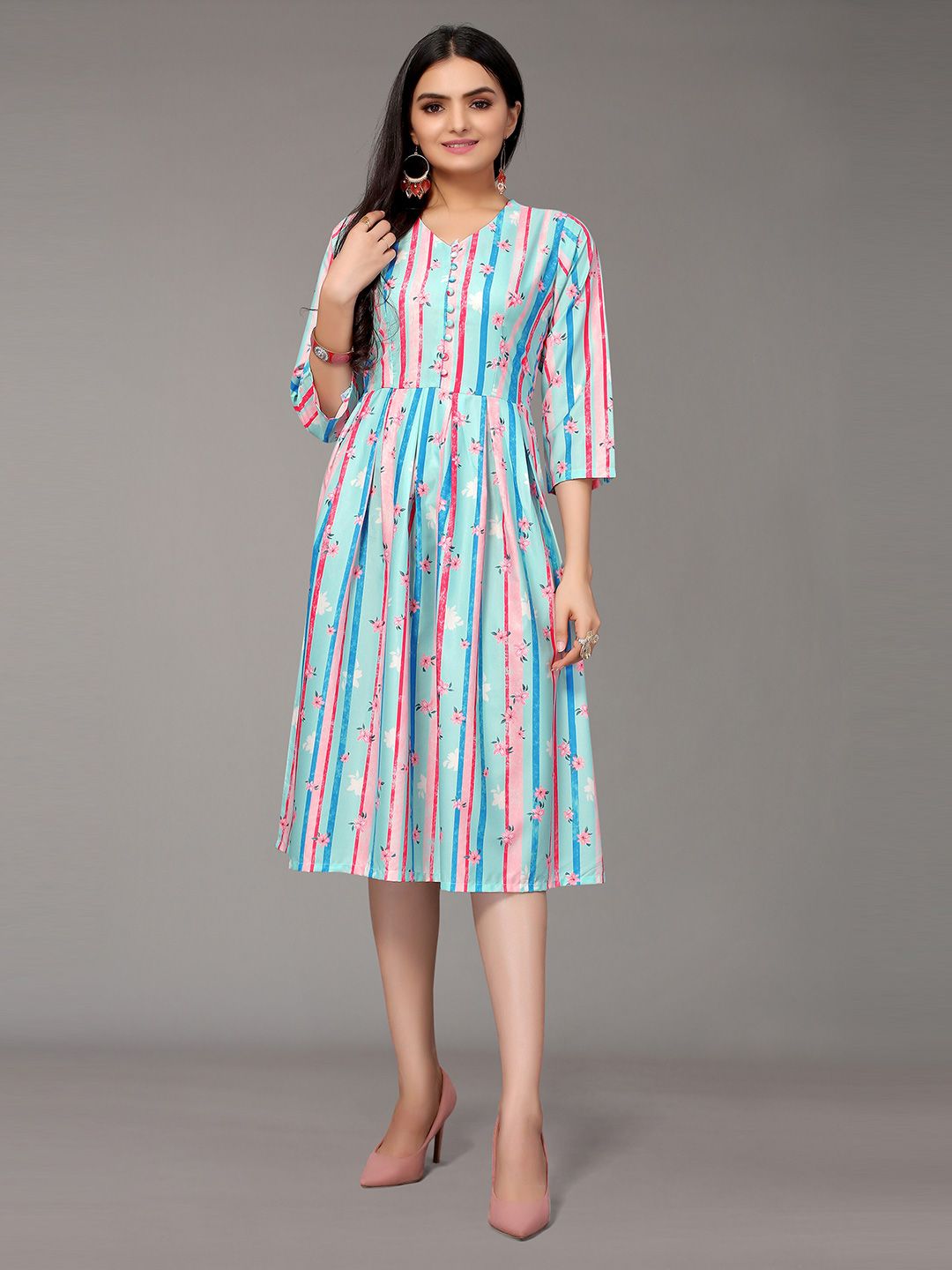 Nimayaa Turquoise Blue & Pink Crepe Midi Dress Price in India