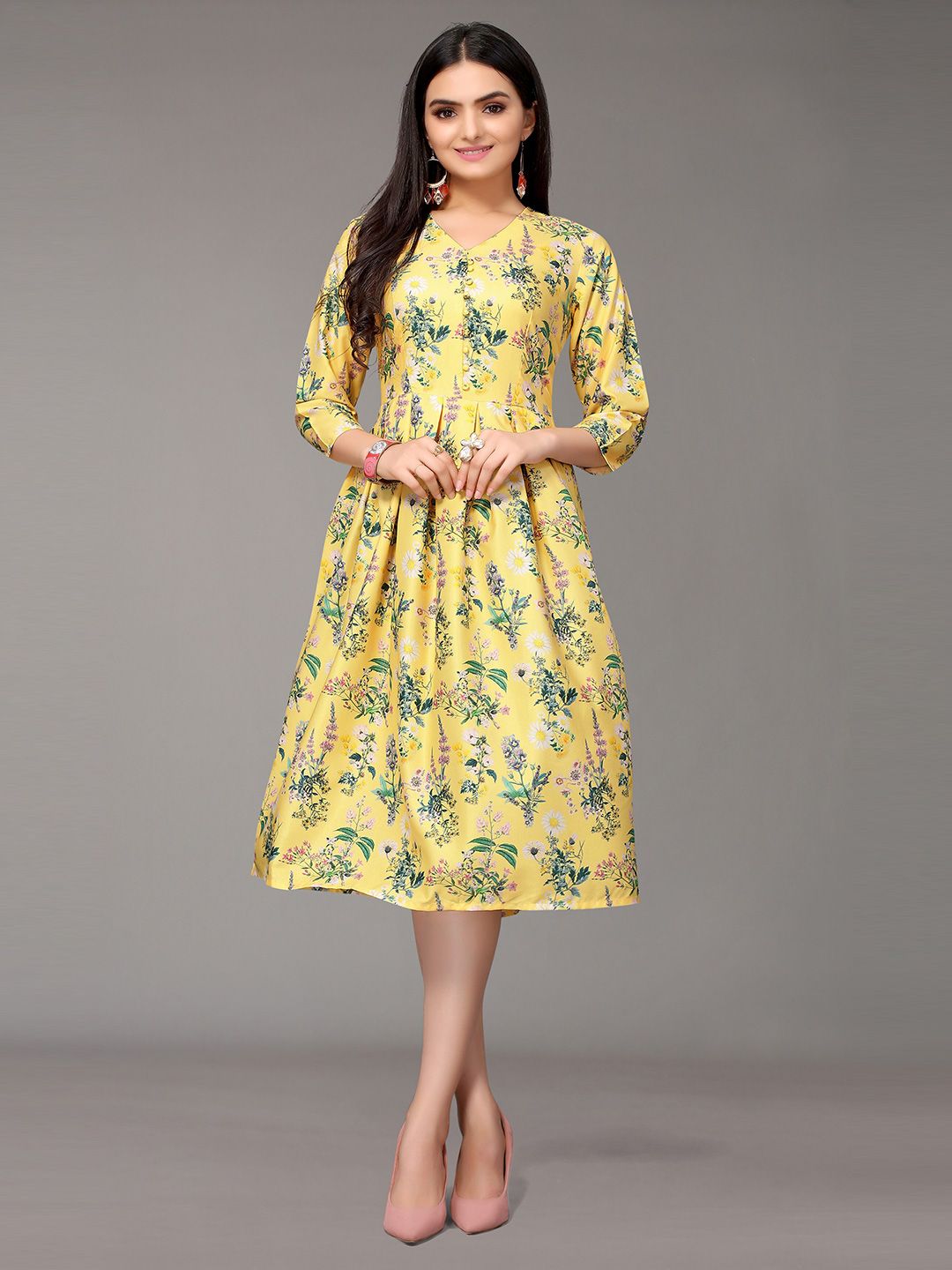 Nimayaa Mustard Yellow Floral Crepe Dress Price in India