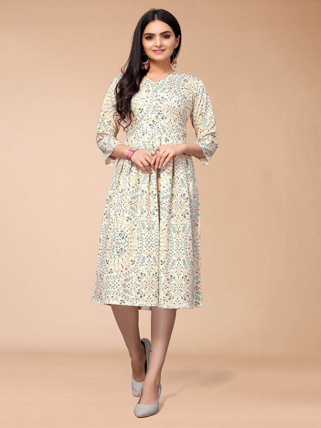 KALINI Off White Ethnic Motifs Crepe A-Line Midi Dress Price in India