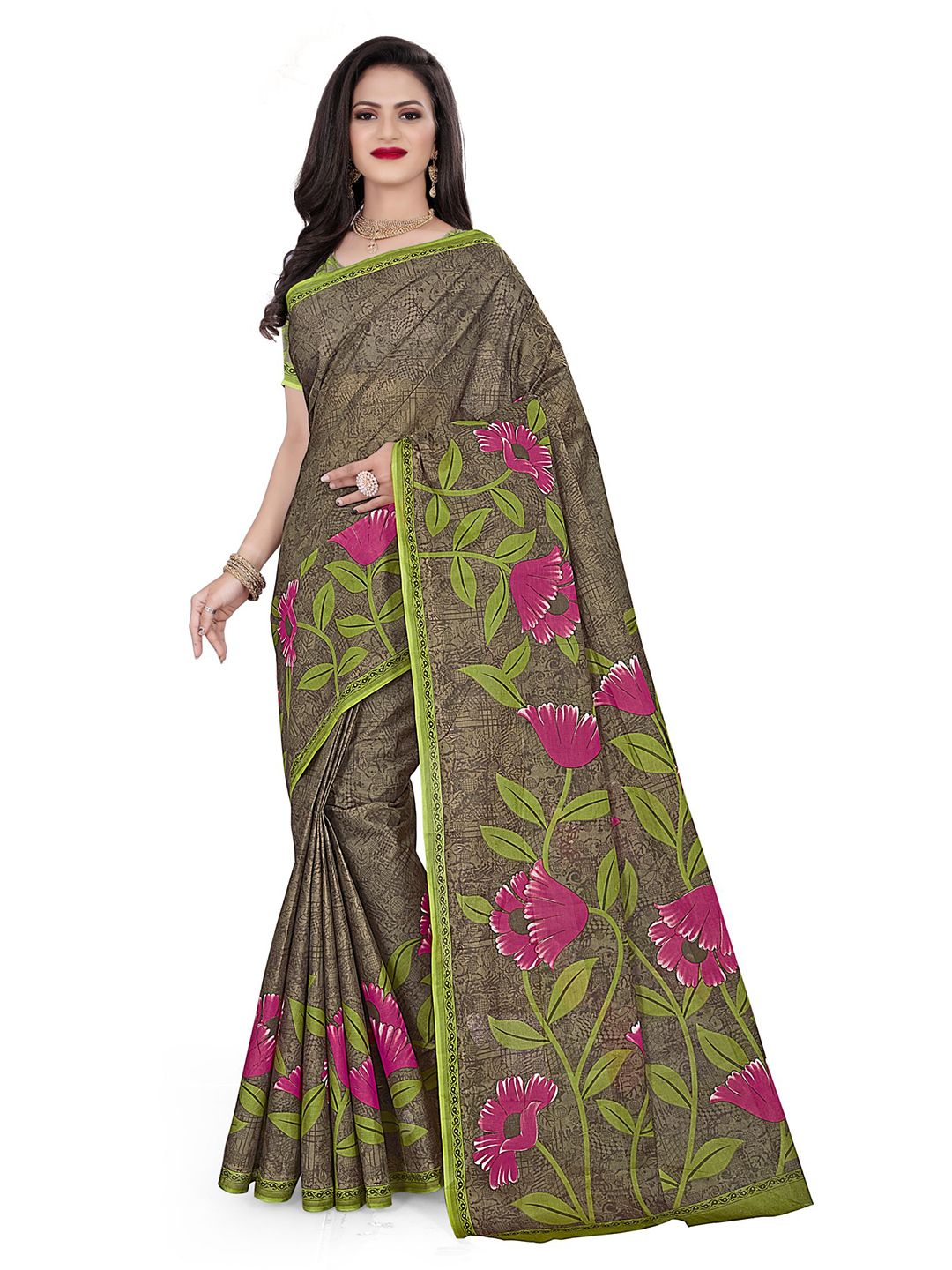SHANVIKA Brown & Green Floral Pure Cotton Ready to Wear Block Print Saree Price in India