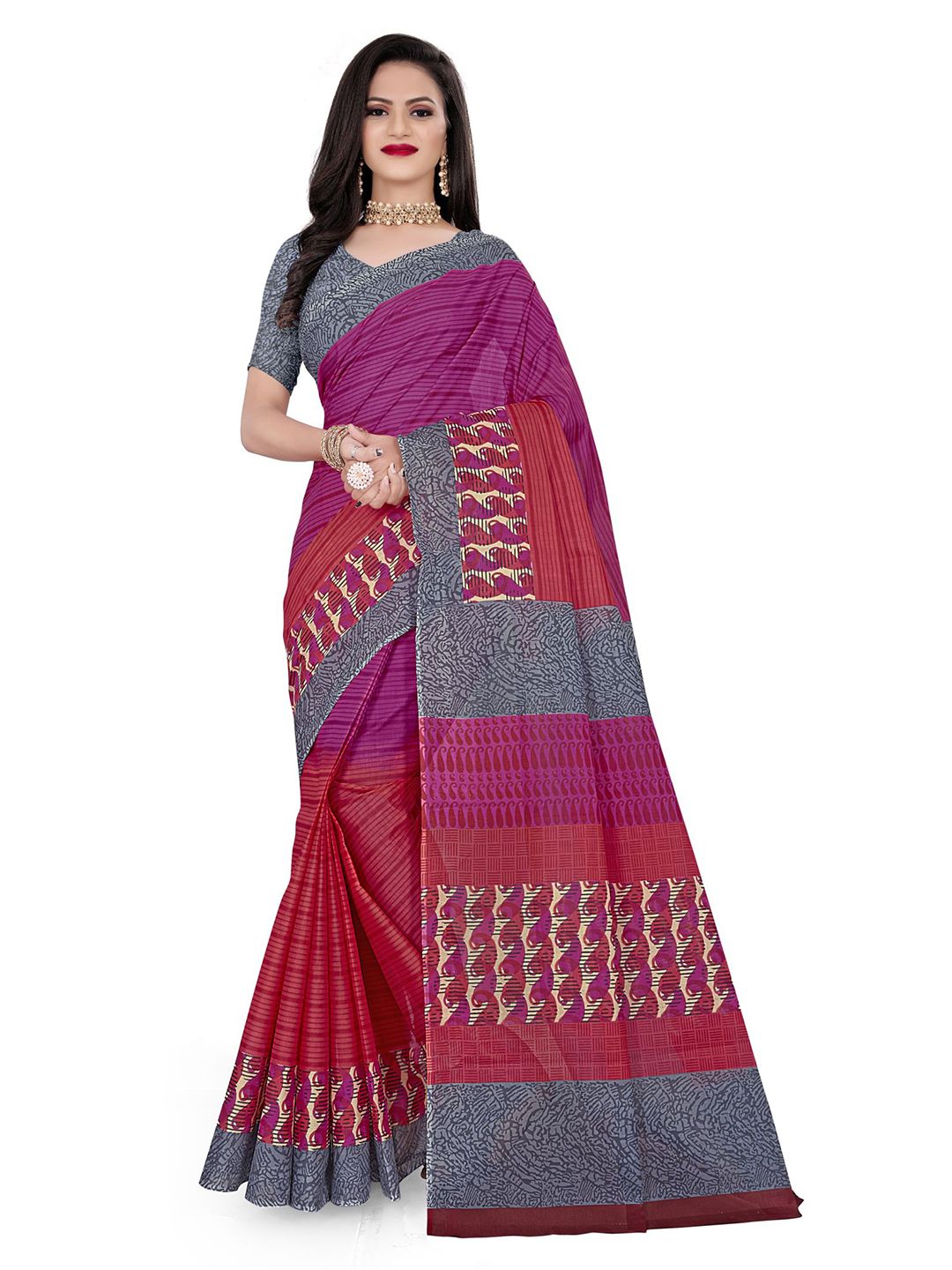 SHANVIKA Pink & Grey Striped Pure Cotton Ready to Wear Block Print Saree Price in India