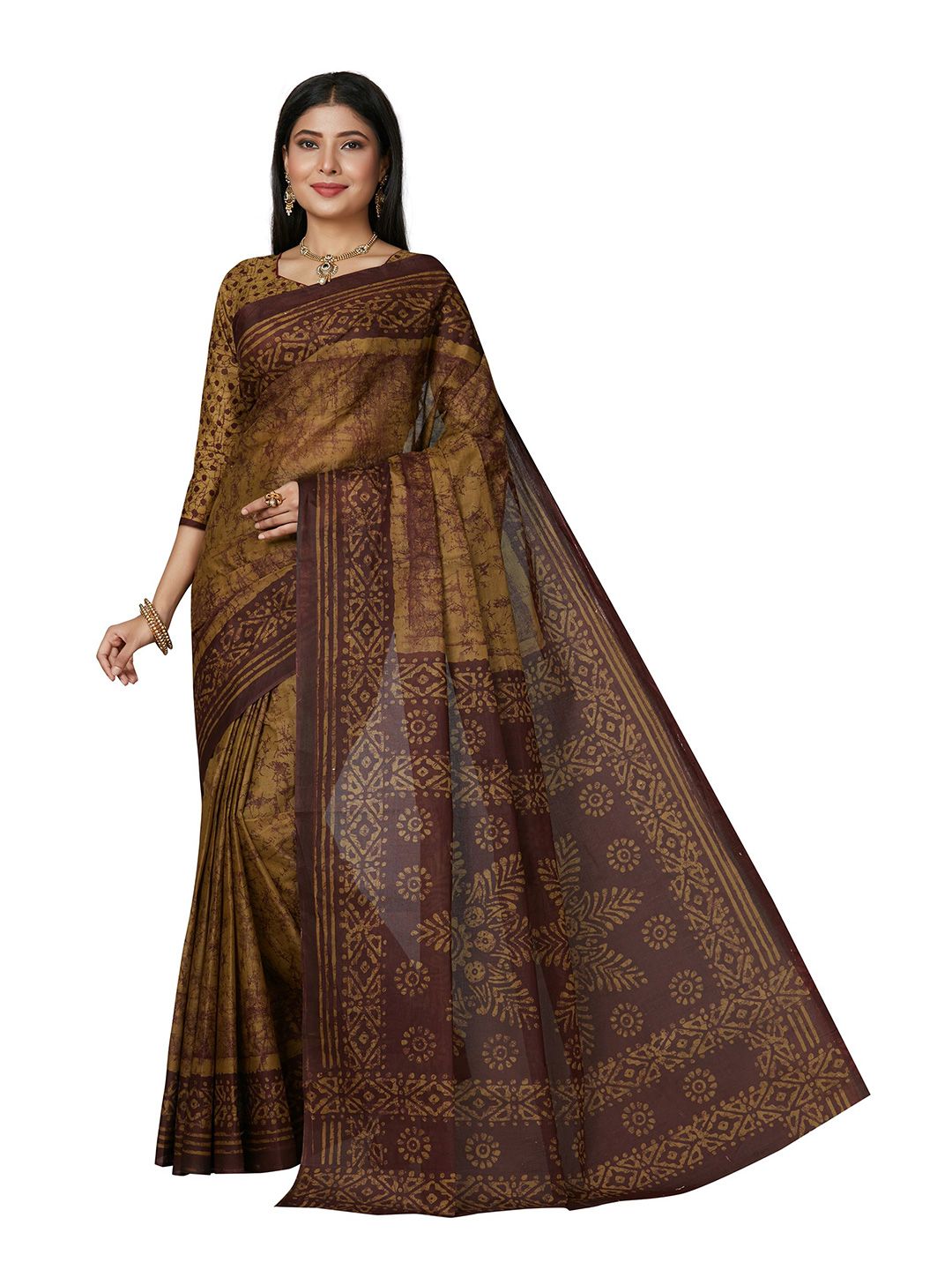 SHANVIKA Brown Batik Pure Cotton Block Print Saree Price in India