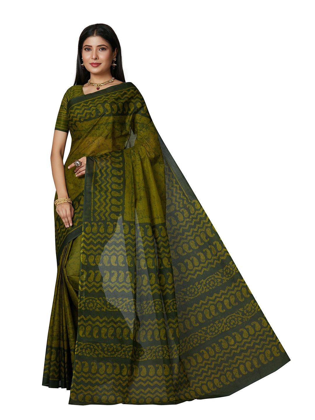 SHANVIKA Women Green Batik Pure Cotton Block Print Saree Price in India
